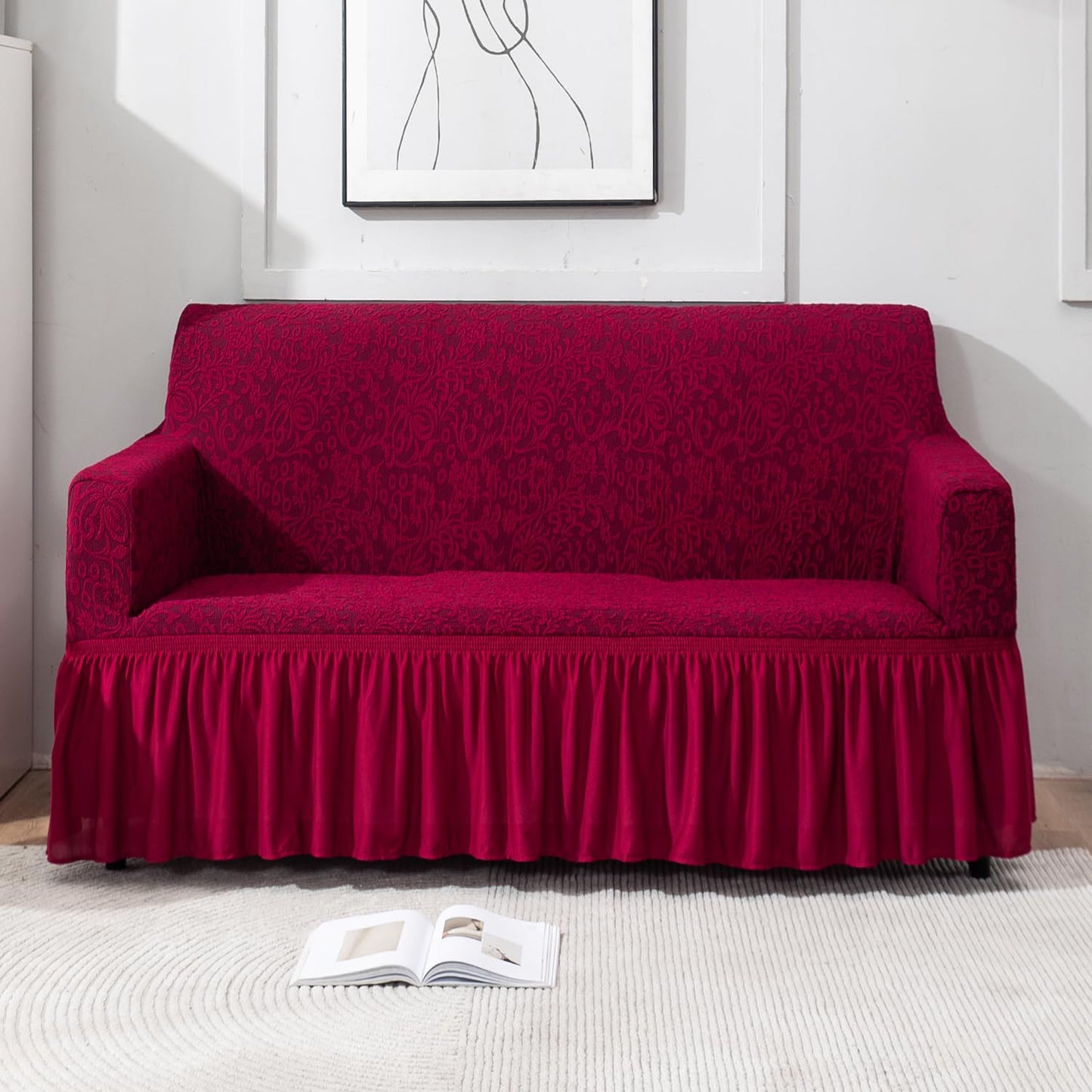 Elastic Stretchable Designer Woven Jacquard Sofa Cover with Frill, Wine Red