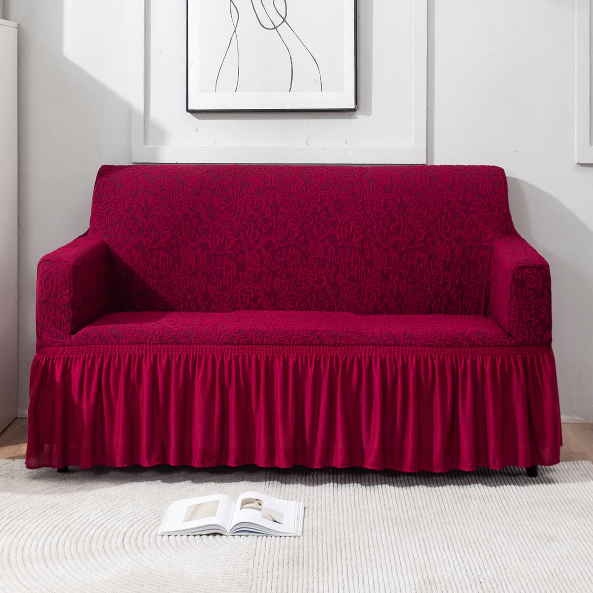 Elastic Stretchable Designer Woven Jacquard Sofa Cover with Frill, Wine Red