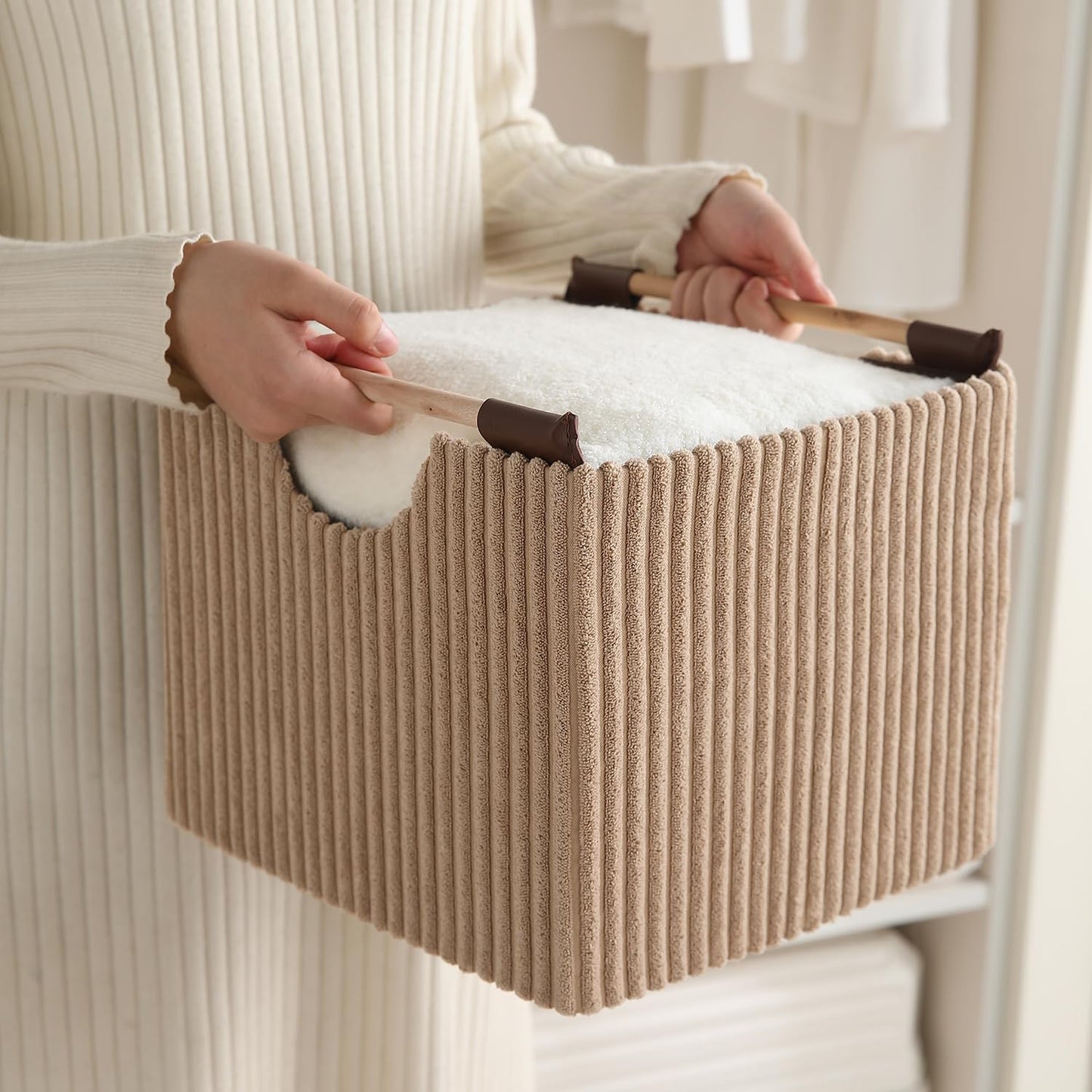 Premium Foldable Storage Bin with Wooden Handles | Corduroy Fabric Organizer Box for Wardrobe, Books, Clothes & Misc Items, Camel