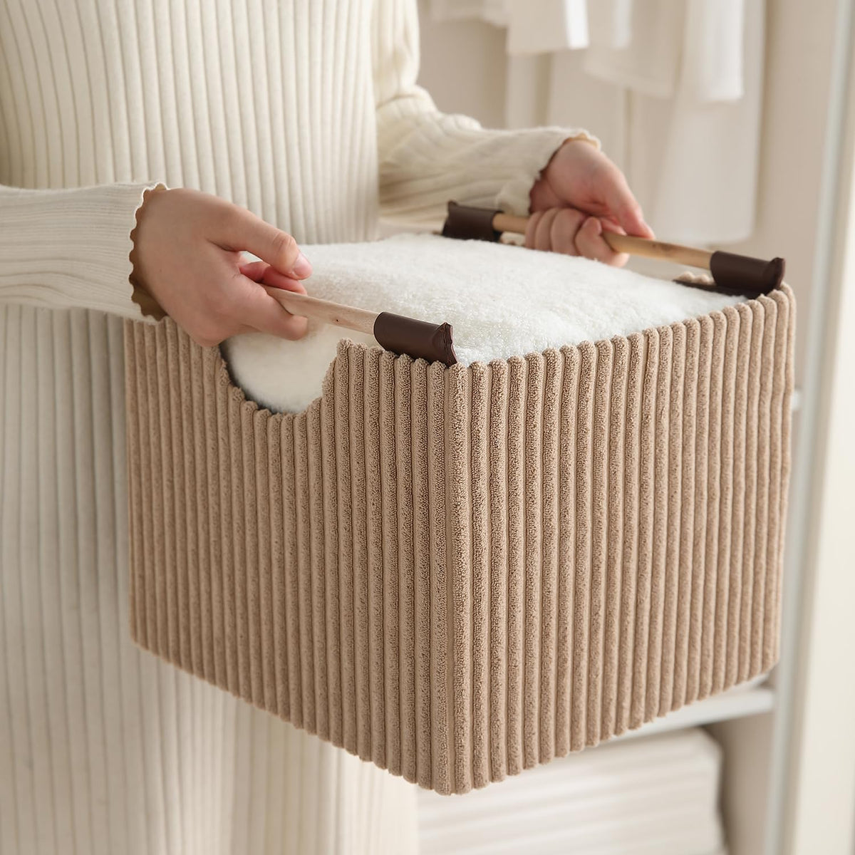 Premium Foldable Storage Bin with Wooden Handles | Corduroy Fabric Organizer Box for Wardrobe, Books, Clothes & Misc Items, Camel