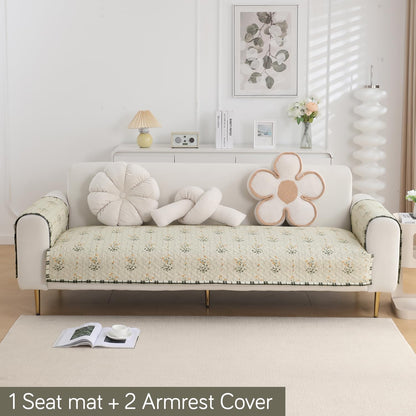 Quilted Sofa Seat Mat for 1/2/3 Seater with 2 Armrest Covers with Pockets, Light Green Ash Gypsy Flower