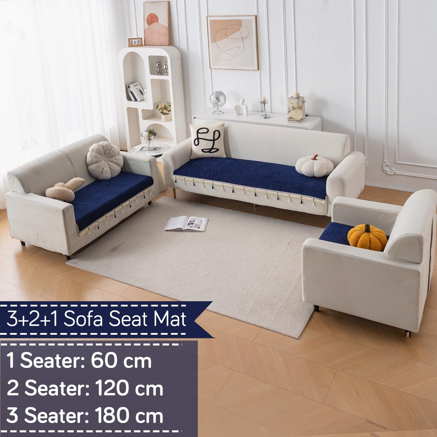 Serenity Tassel Chenille Sofa Cover with Tassel – Sapphire Navy