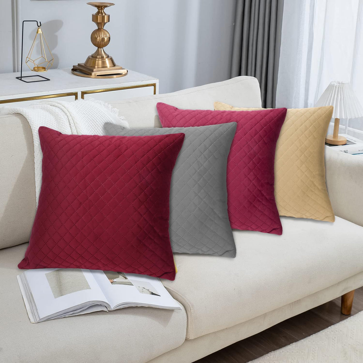 Buy Fossil Grey Colour Premium Zippered Square Quilted Velvet Sofa Cushion Covers