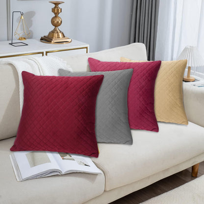 Buy Sangria Red Colour Premium Zippered Square Quilted Velvet Sofa Cushion Covers