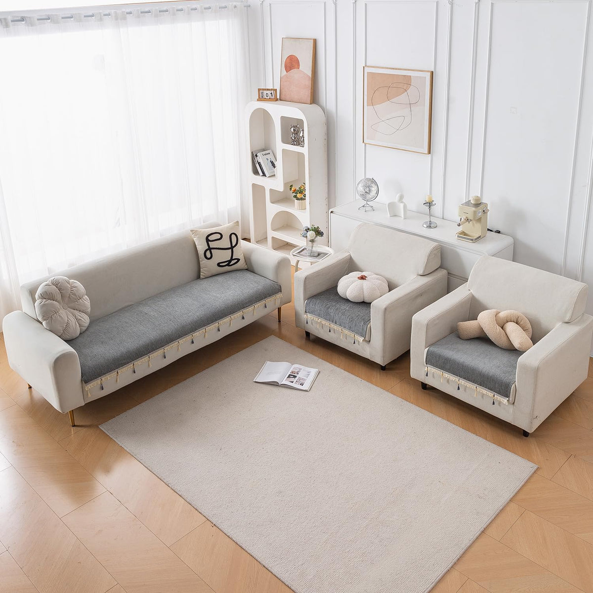 Serenity Tassel Chenille Sofa Cover with Tassel – Glacier Silver