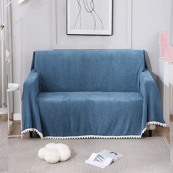 Buy 3 seater elegant Blue colour chenille sofa throw of size 180(D)x300(L)
