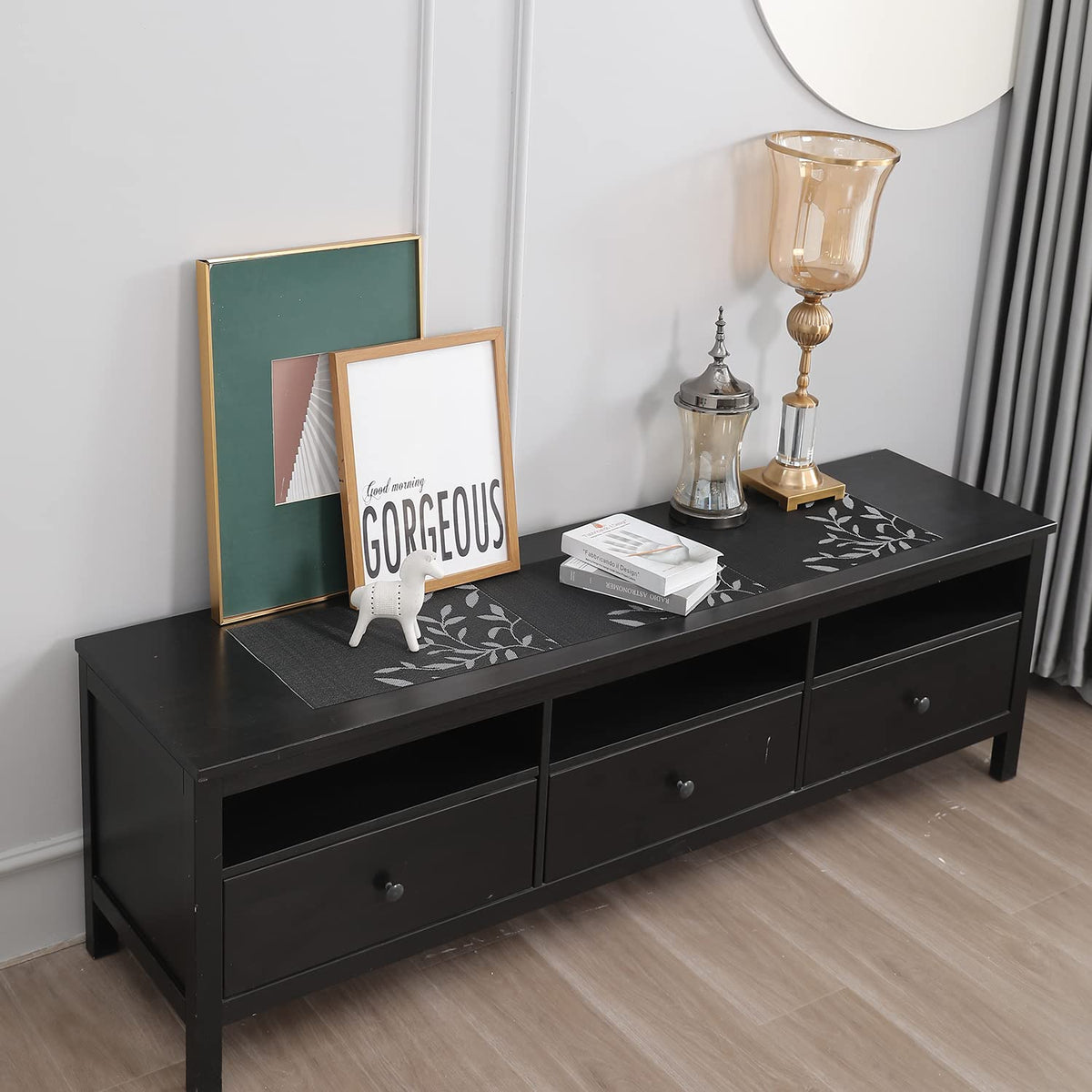 Buy Black Leaves Colour PVC Side Tables Runner | HOKIPO