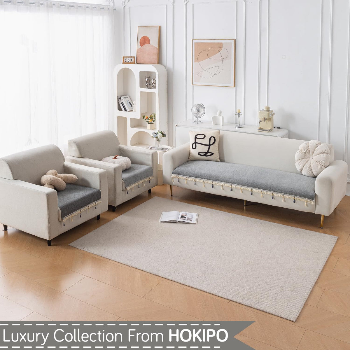 Serenity Tassel Chenille Sofa Cover with Tassel – Glacier Silver