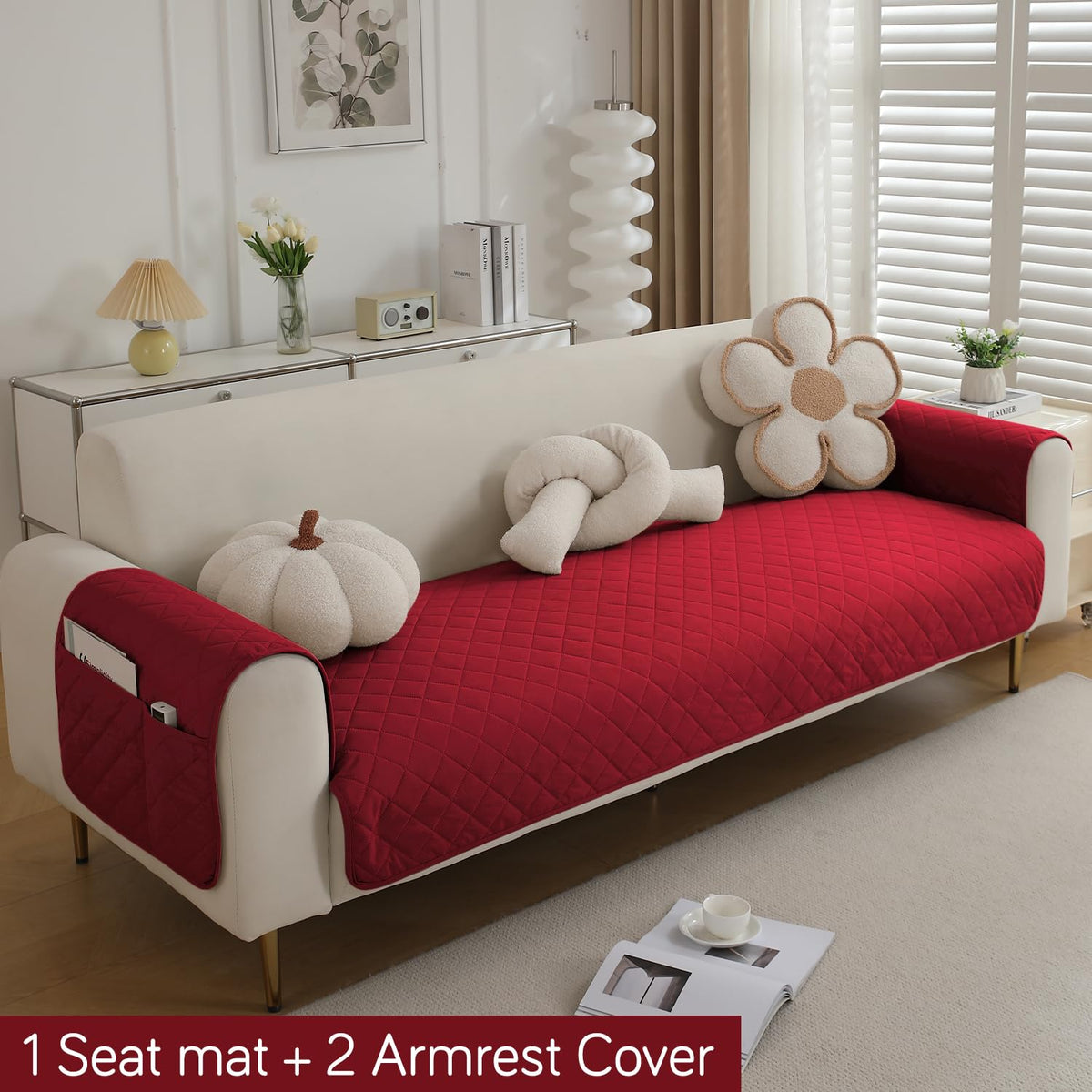 Quilted Waterproof Sofa Seat Mat for 1/2/3 Seater Sofa with 2 Armrest Covers with Pockets, Red