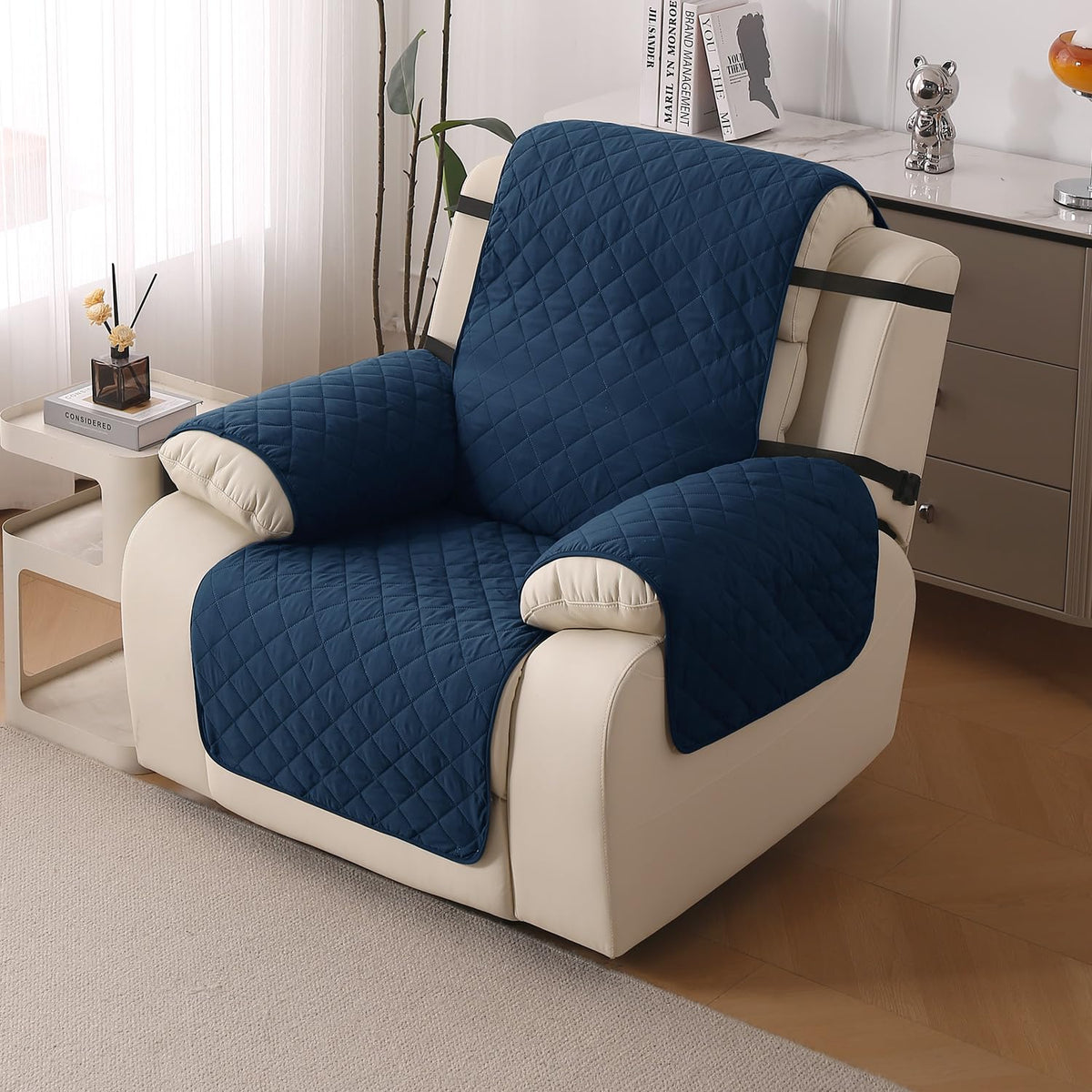 UrbanQuilt Recliner Sofa Slipcover Mat with Dual Belt for 1/2/3 Seater - Navy Blue