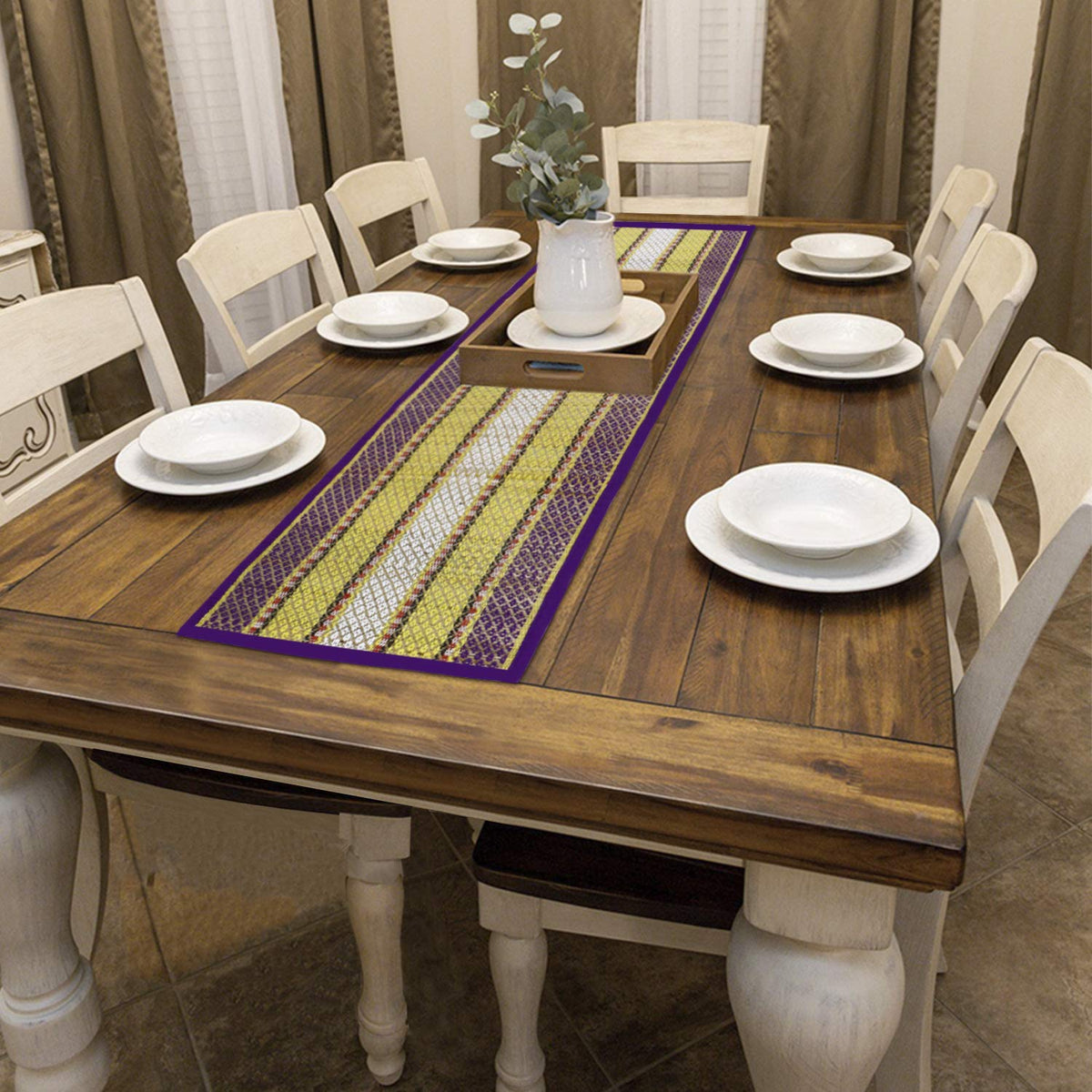 Buy Purple Colour natural handmade Madurkathi table runner for 6 seater tables | HOKIPO