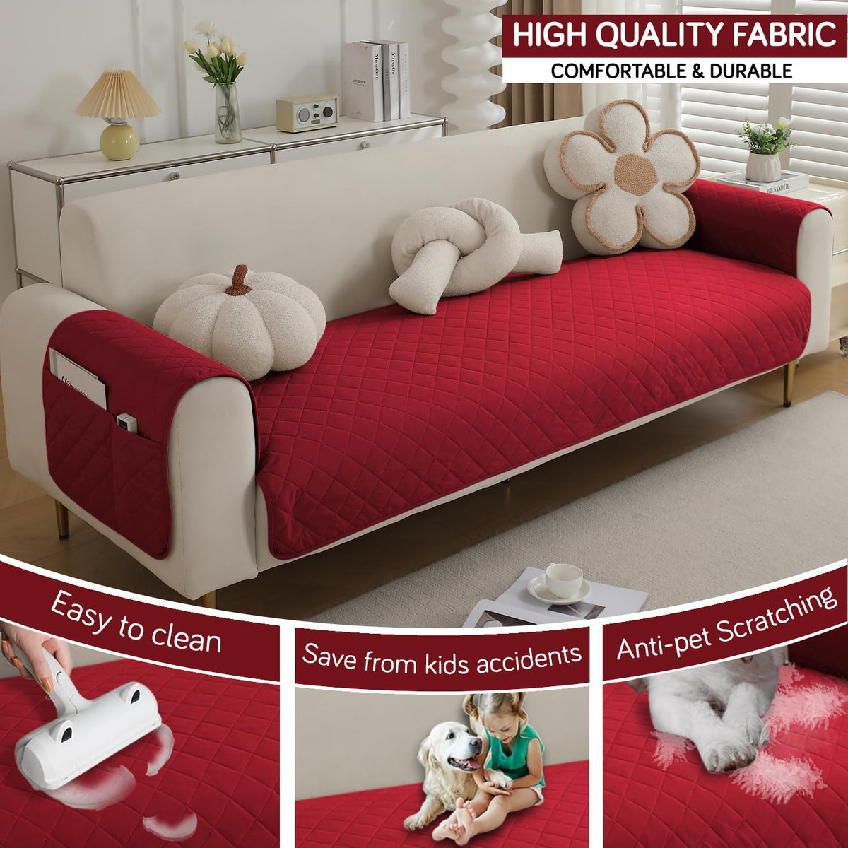 Quilted Waterproof Sofa Seat Mat for 1/2/3 Seater Sofa with 2 Armrest Covers with Pockets, Red
