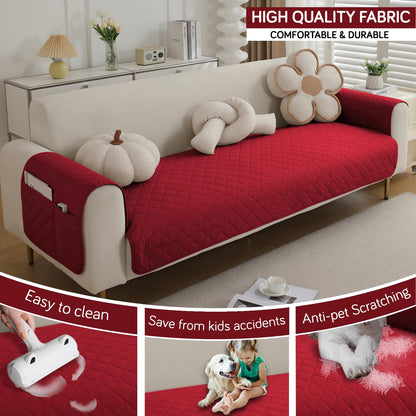 HOKIPO Quilted Waterproof Sofa Seat Mat for 1/2/3 Seater Sofa with 2 Armrest Covers with Pockets, Red