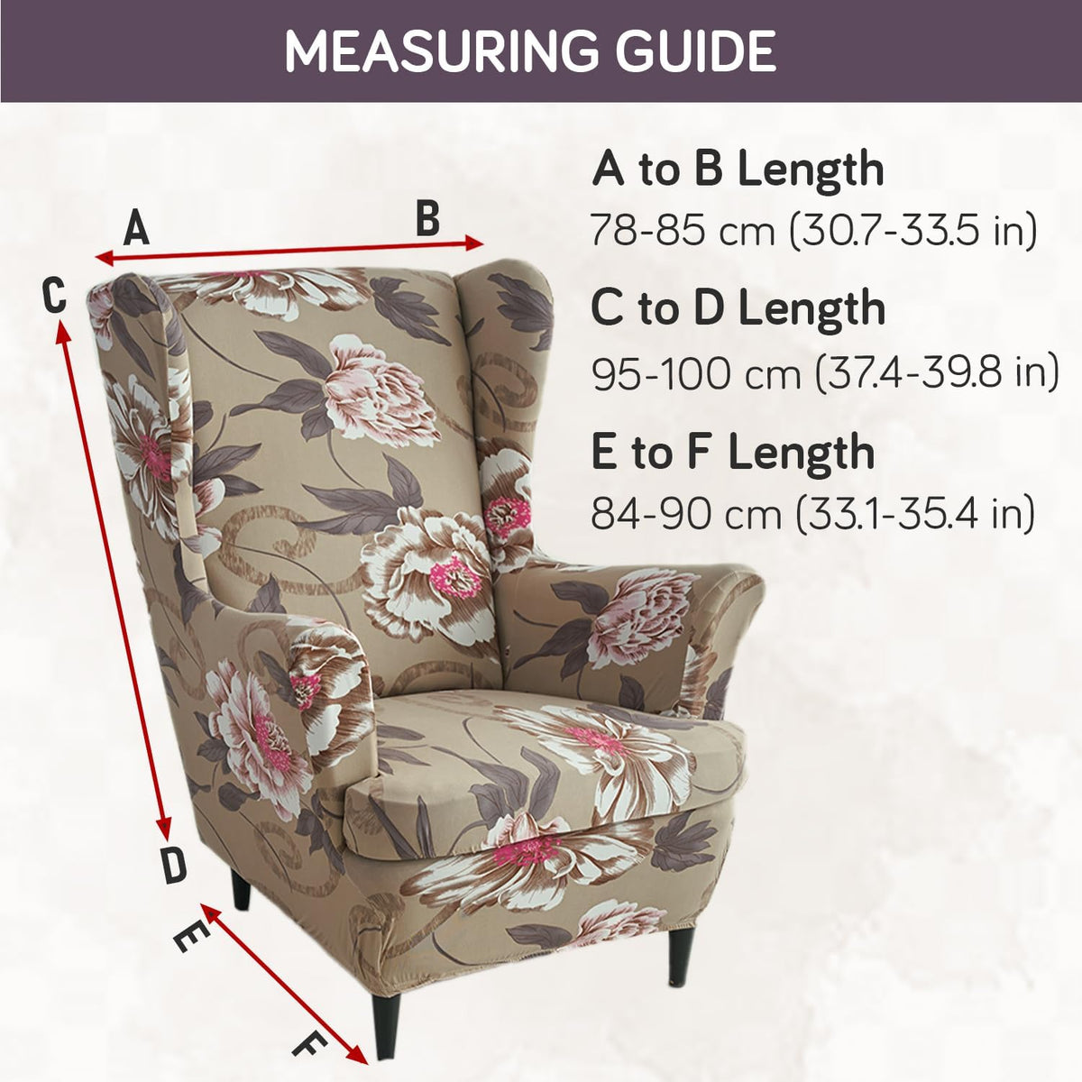 Buff Brown Geum Stretchable Chair Cover for Wingback Chair size guide