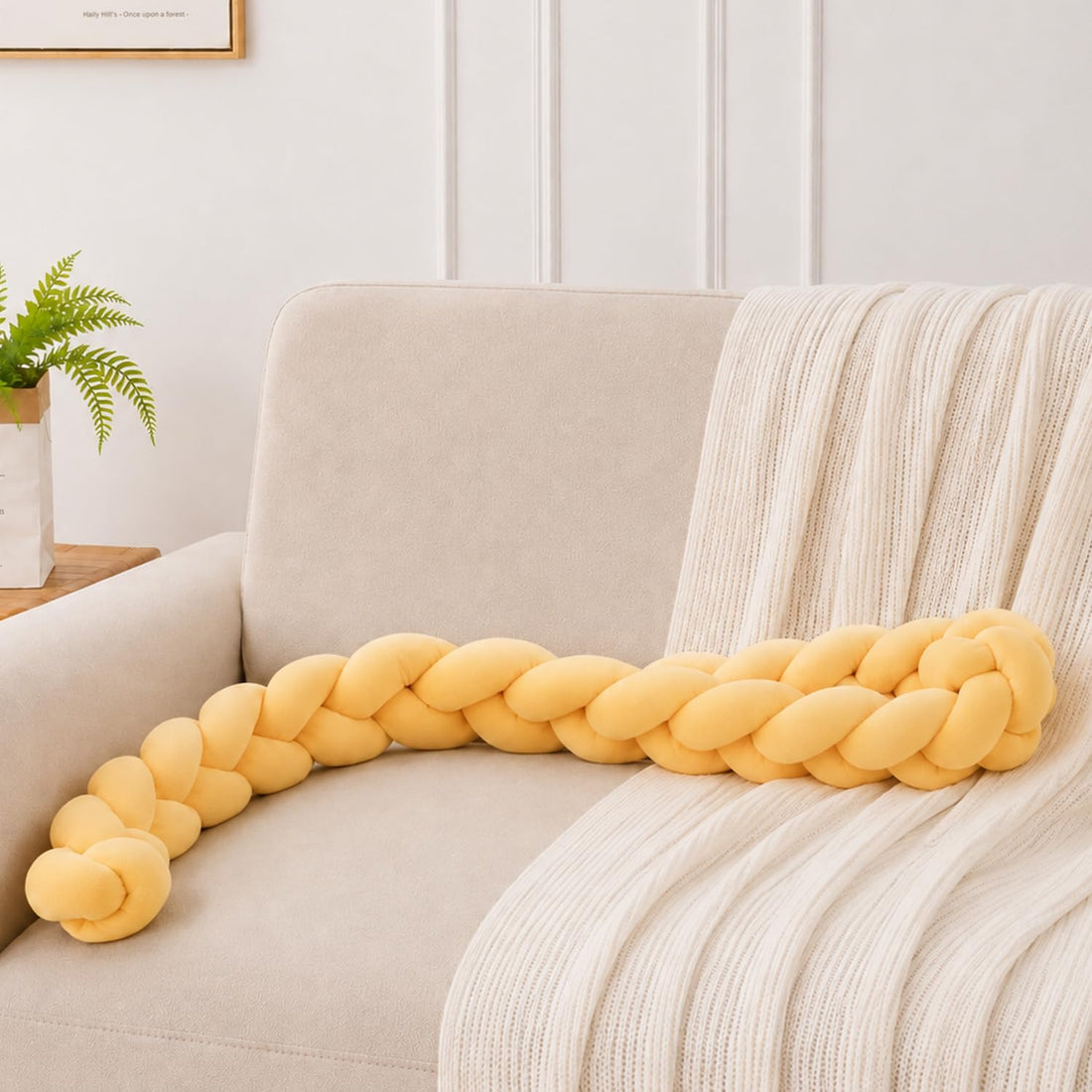 HOKIPO Braided Knot Chain Pillow for Sofa & Bed, 200 cm, Yellow
