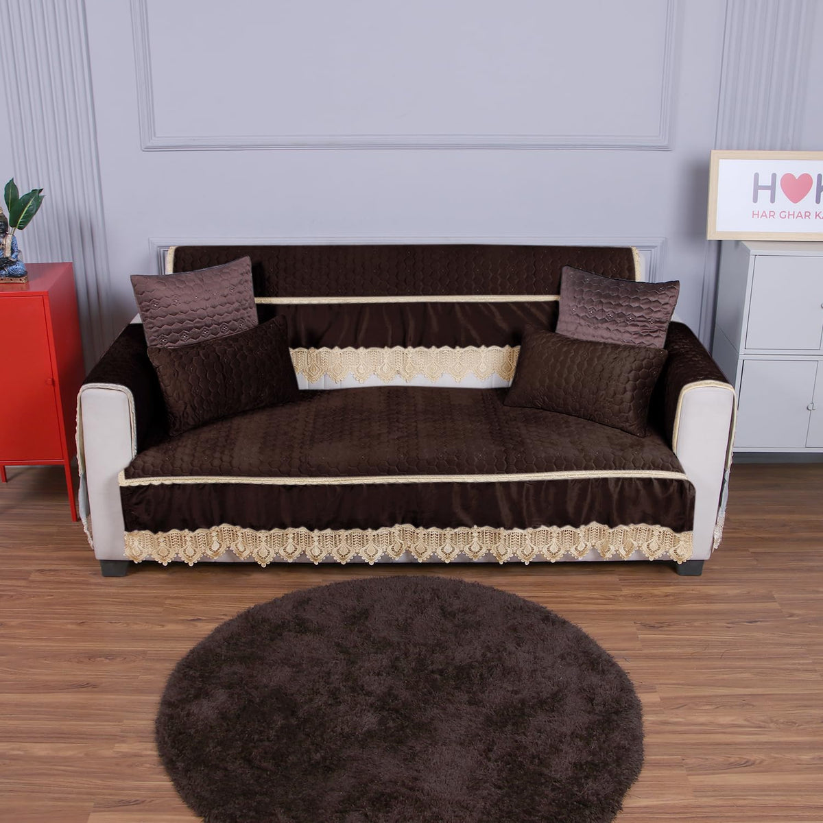 Buy Cozy Coffee Brown Colour Zippered Hexagonal Texture Velvet Sofa Pillow Covers for Luxury Look