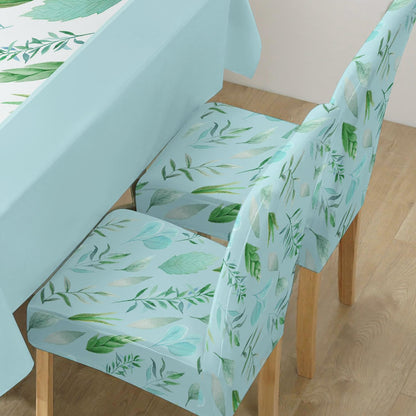 Polyester Dining Chair Covers Set of 4/6 with Matching Tablecloth, Varied Leaves Rhine Blue