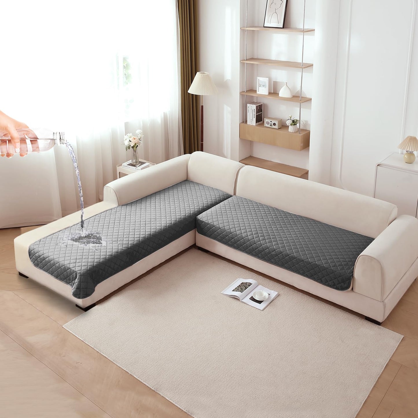 HOKIPO Waterproof Quilted Quick Dry L Shape Sofa Seat Cover Mat, Light Grey