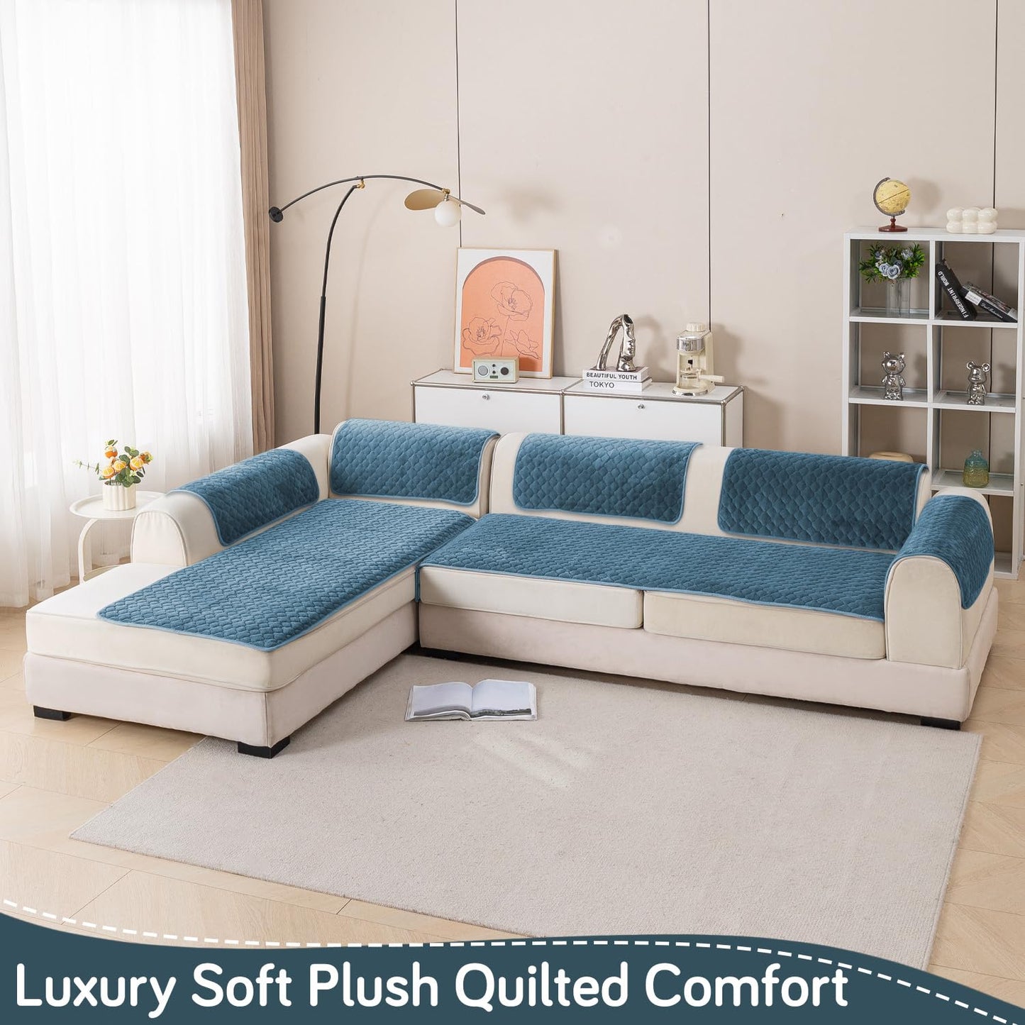 Diamond Plush Premium Quilted L Shape Sofa Cover Seat Mat, Blue