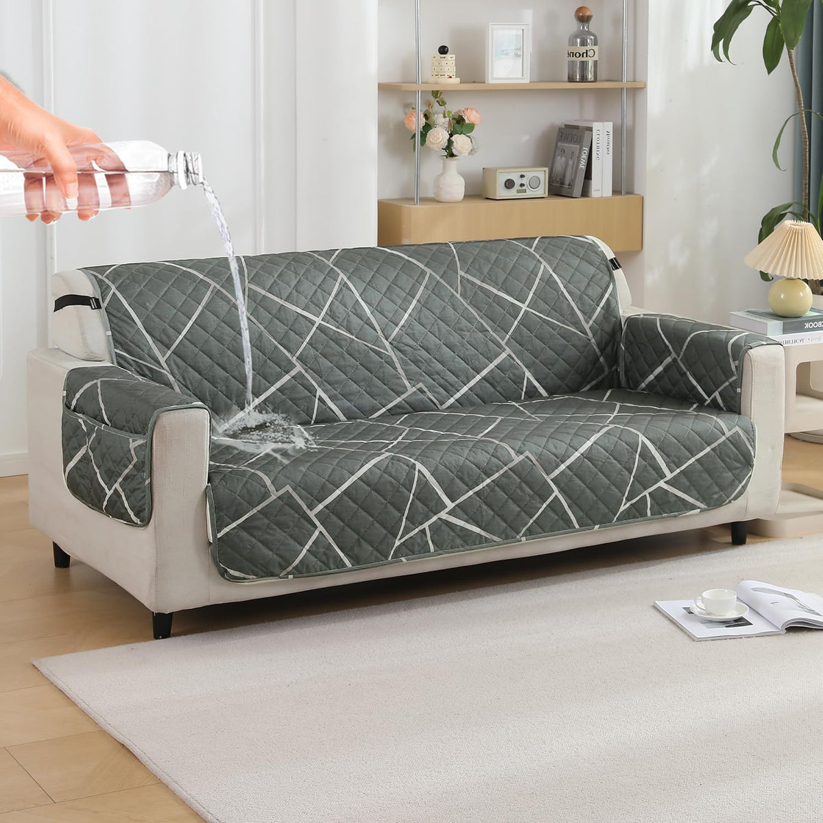 3 seater quilted waterproof sofa cover - Abstract Geometric Shadow Grey print  | Hokipo