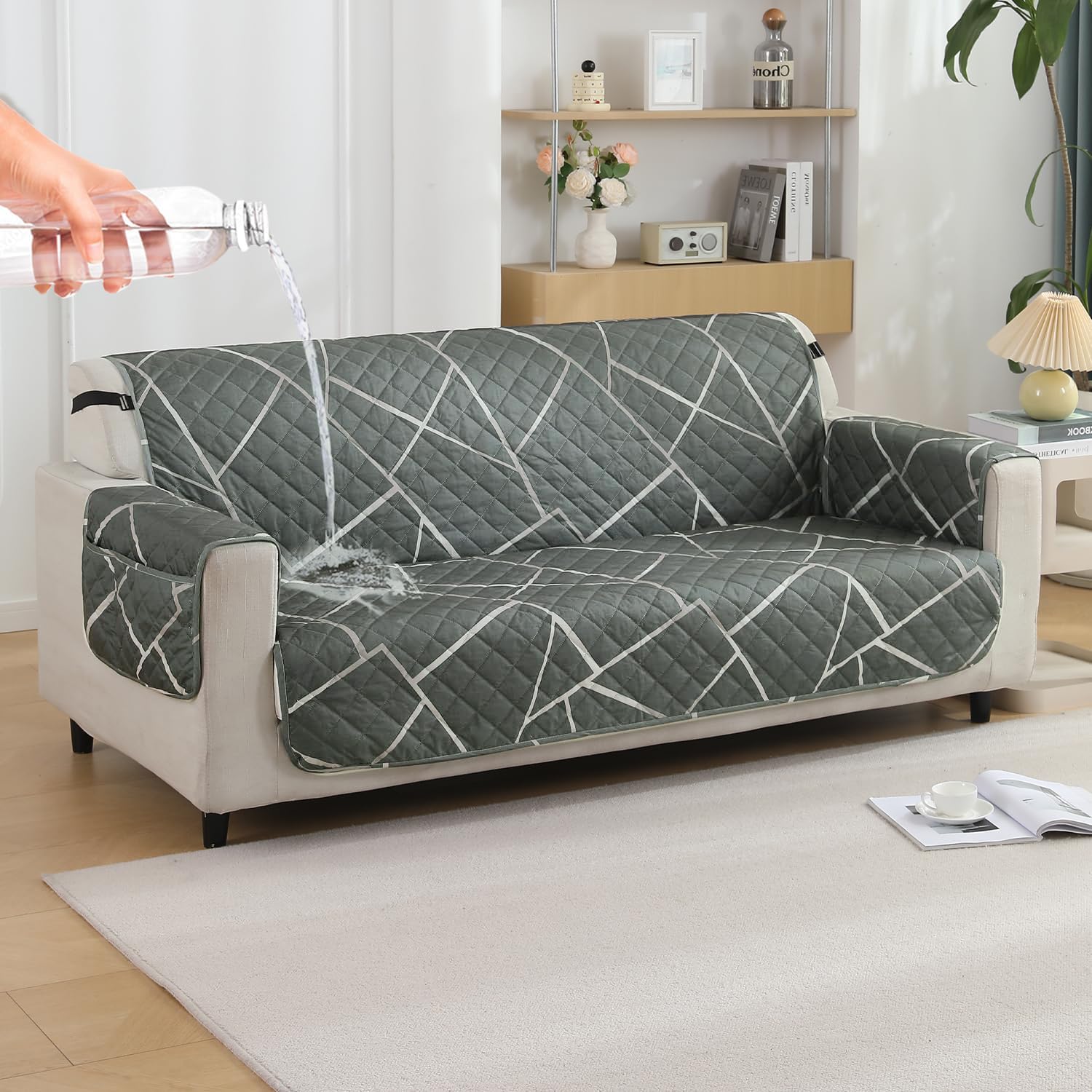3 seater quilted waterproof sofa cover - Abstract Geometric Shadow Grey print  | Hokipo