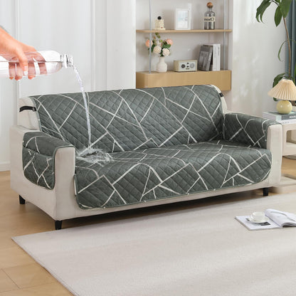 3 seater quilted waterproof sofa cover - Abstract Geometric Shadow Grey print  | Hokipo