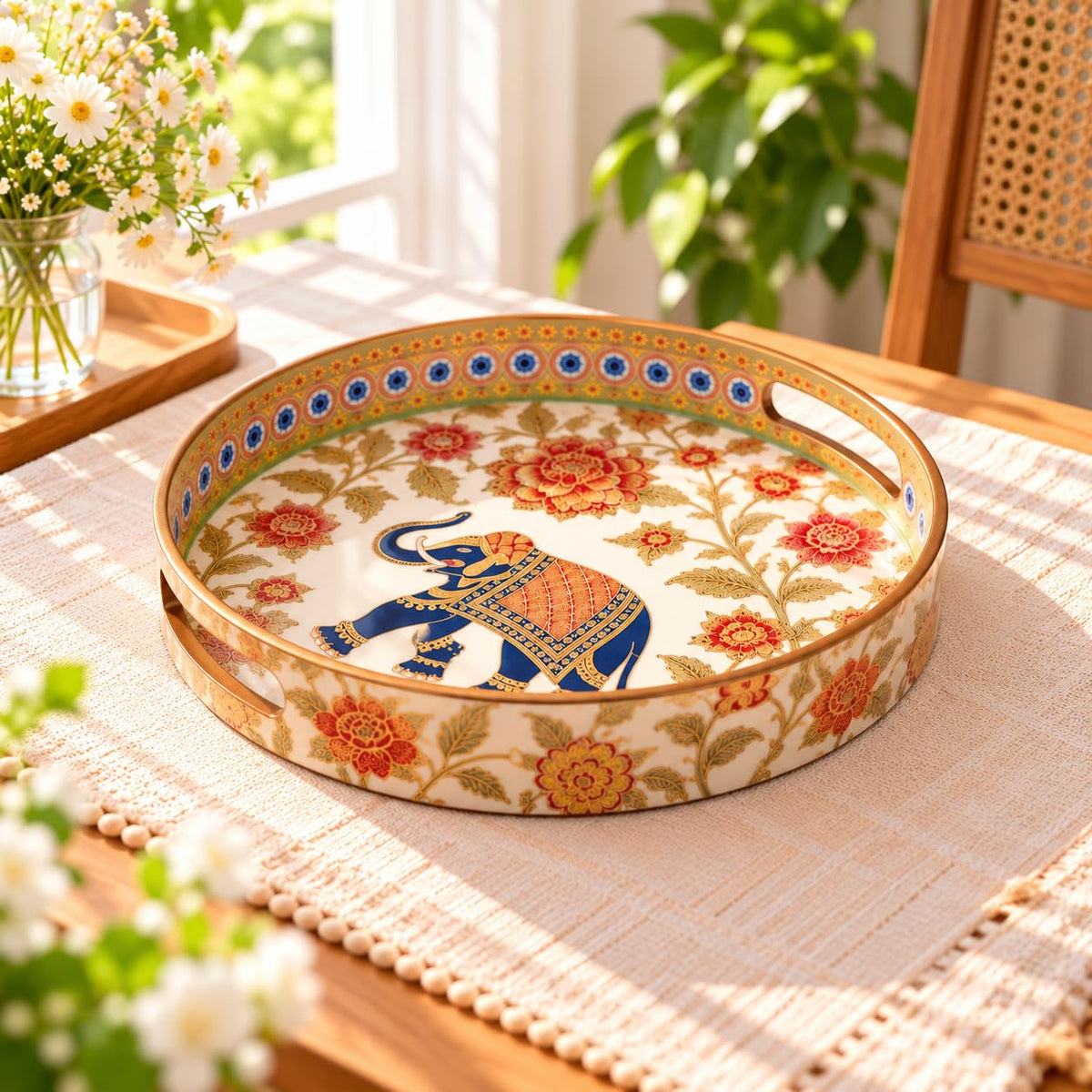 HOKIPO Round Serving Tray 12 in, Engineered Wood, Moroccan Prism - image 18