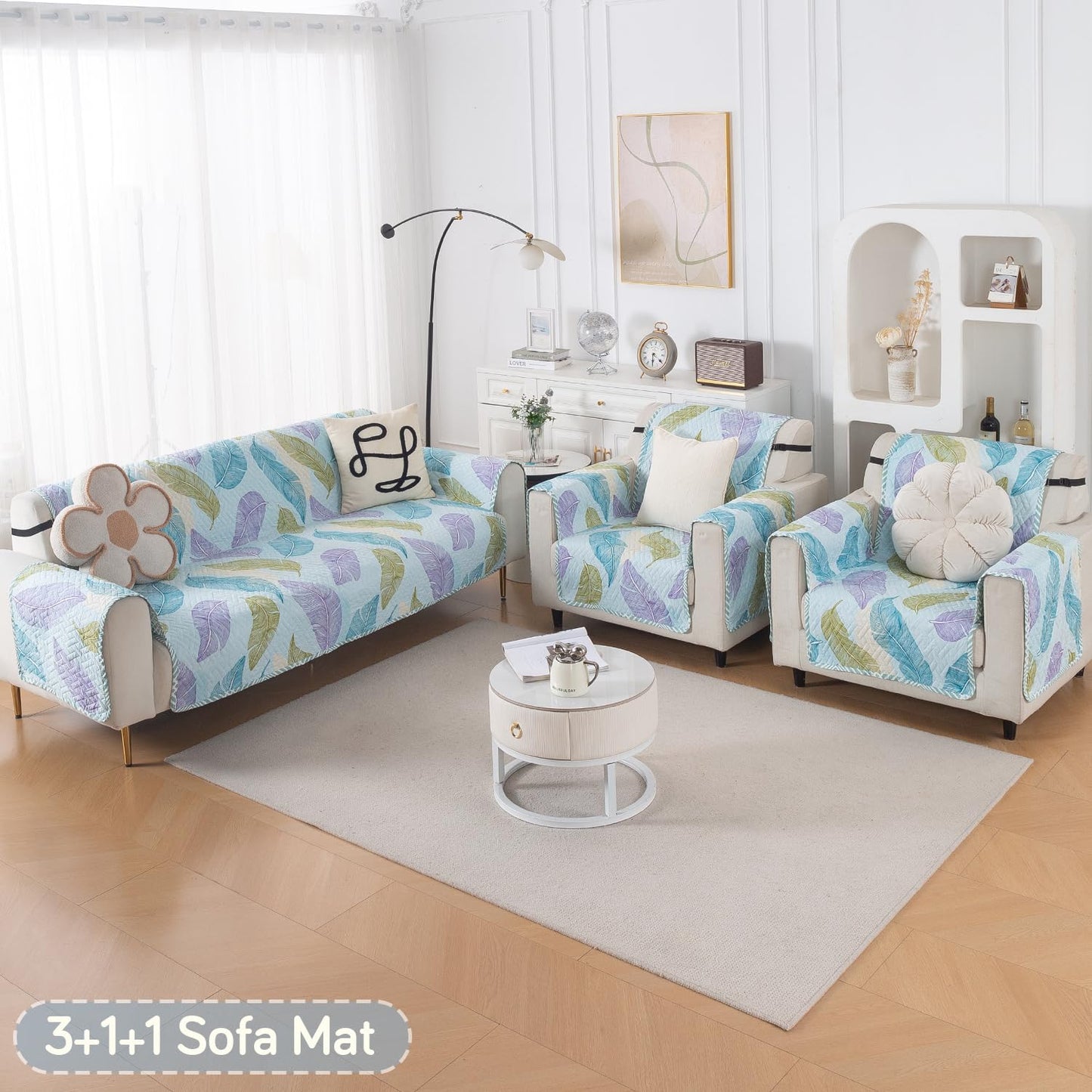 Easy Drape Reversible Quilted 5-Seater Sofa Cover (3+1+1), Colourful Leaves
