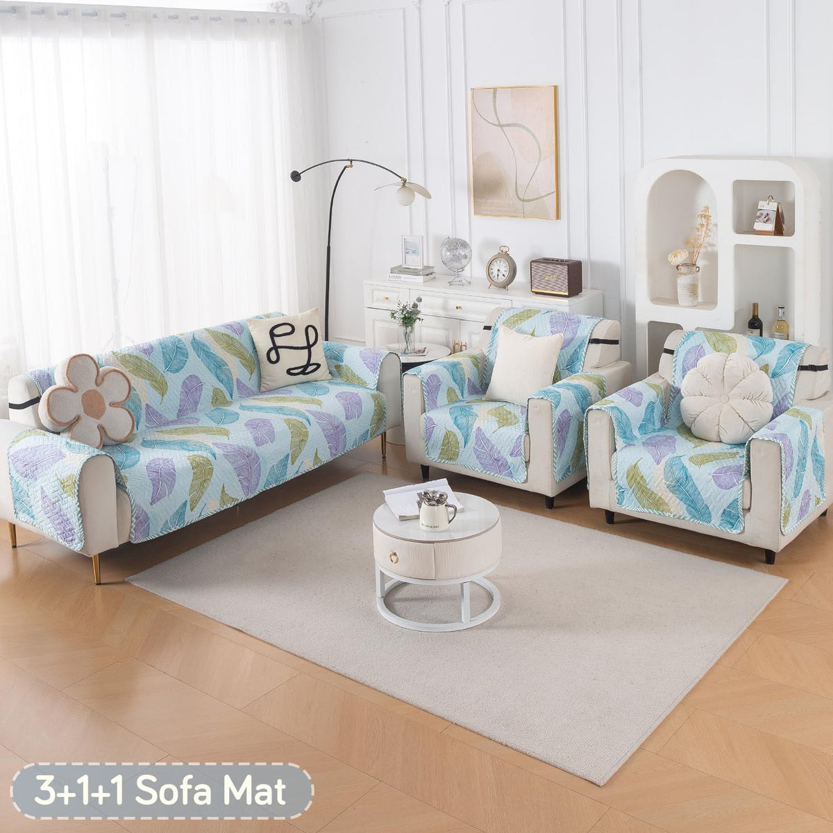 Easy Drape Reversible Quilted 5-Seater Sofa Cover (3+1+1), Colourful Leaves