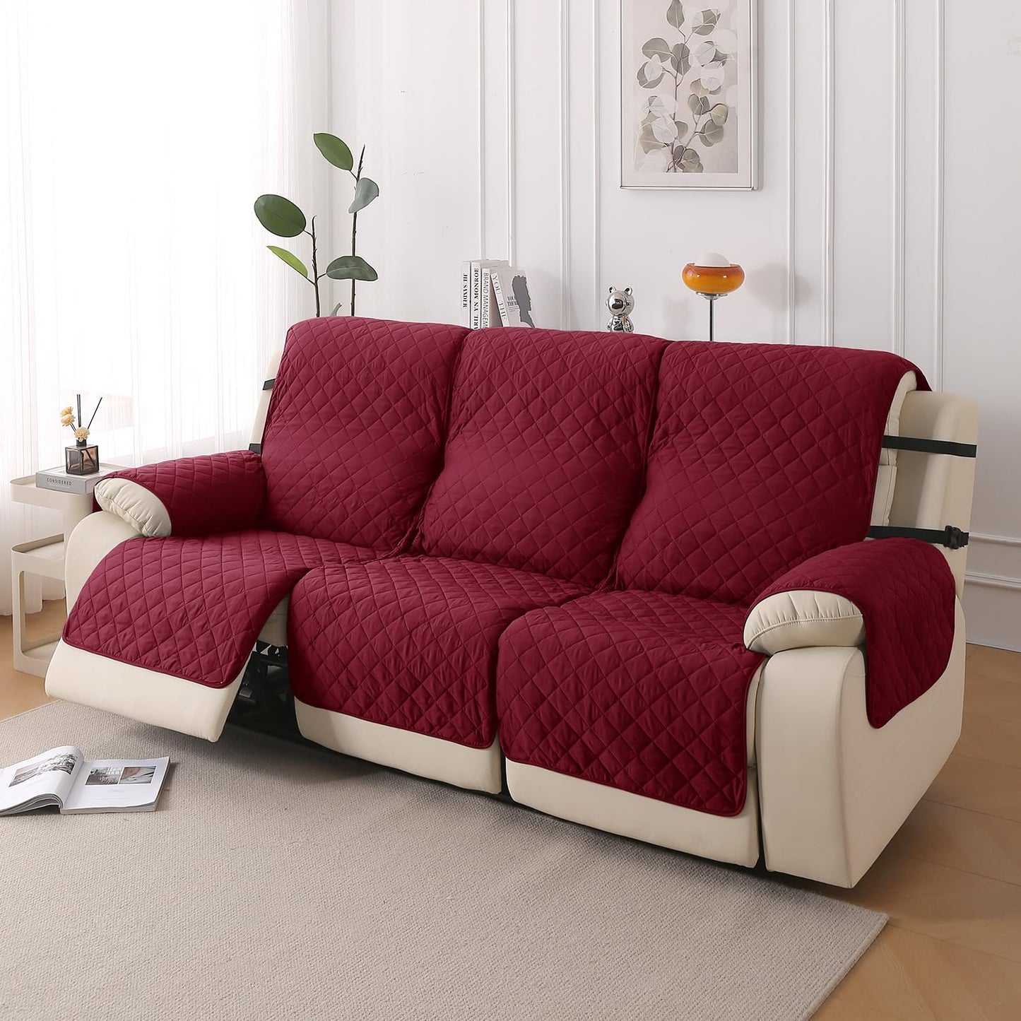 UrbanQuilt Recliner Sofa Slipcover Mat with Dual Belt for 1/2/3 Seater - Maroon