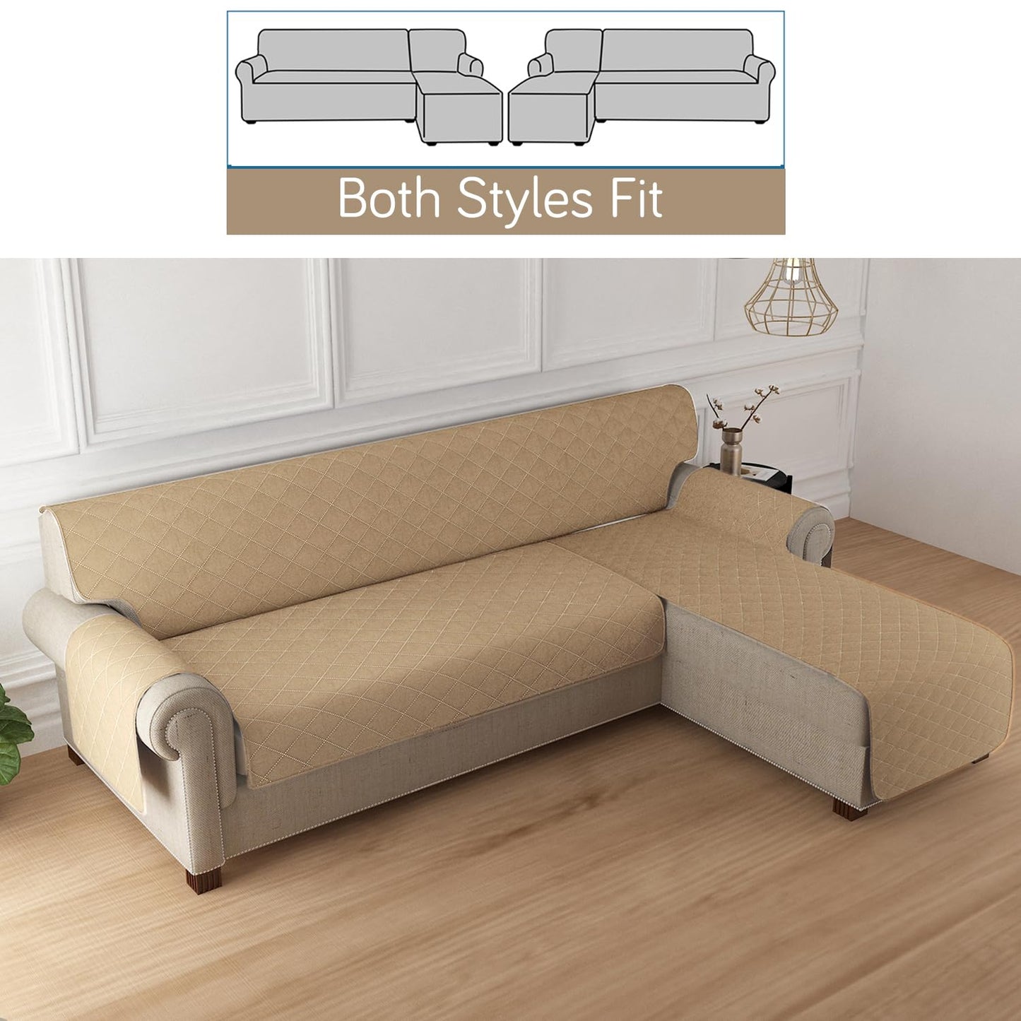 HOKIPO Quilted Reversible One Piece L Shape 4/5/6 Seater Sofa Cover Mat, Camel