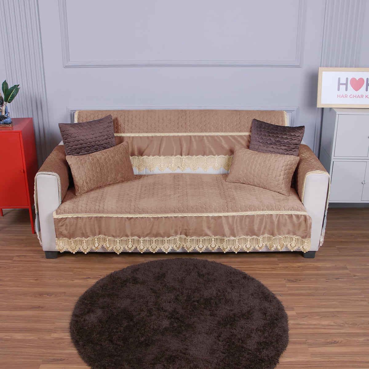 Buy Cozy Light Brown Colour Zippered Hexagonal Texture Velvet Sofa Pillow Covers for Luxury Look