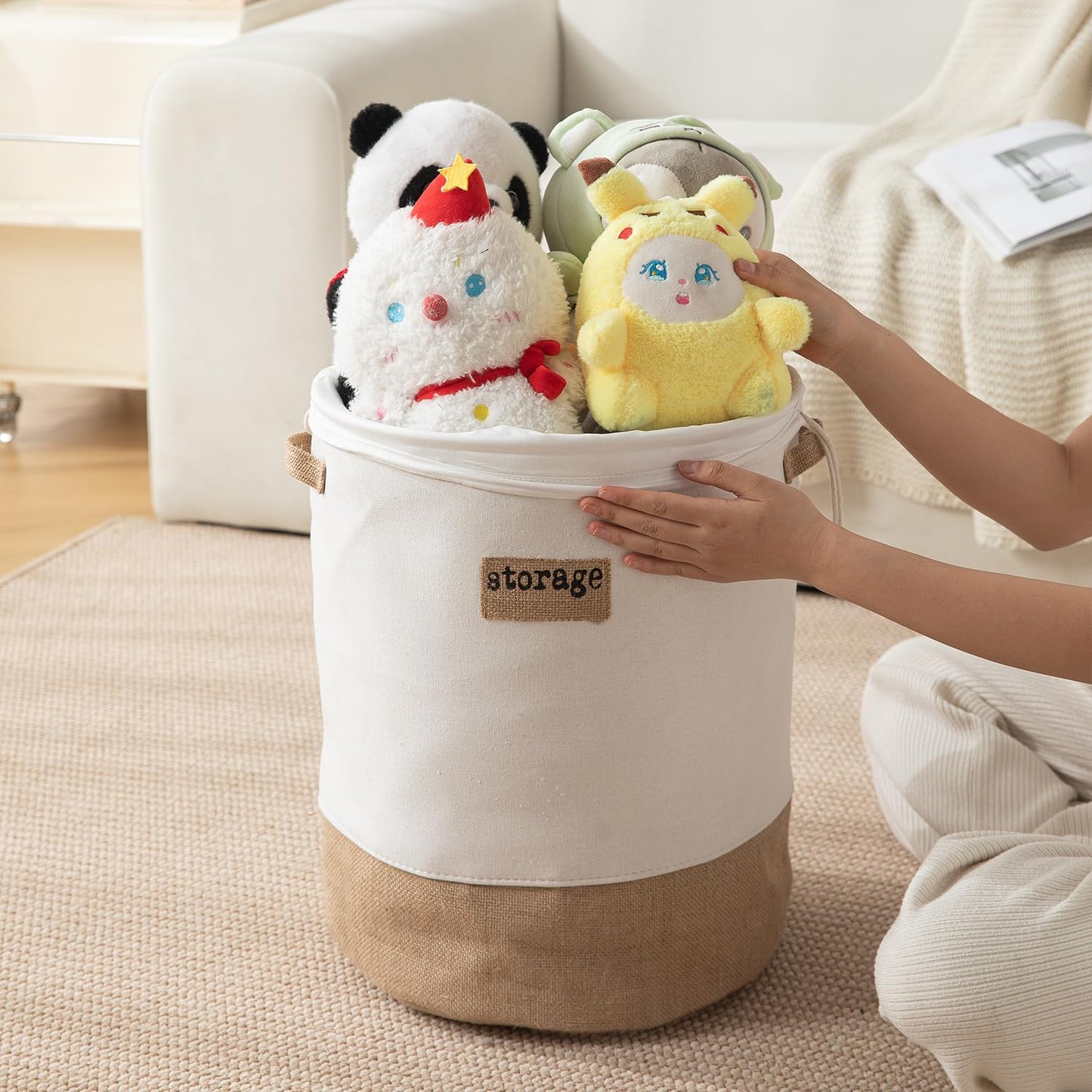 Round Collapsible Folding Laundry Basket for Clothes with Lid, White-Brown