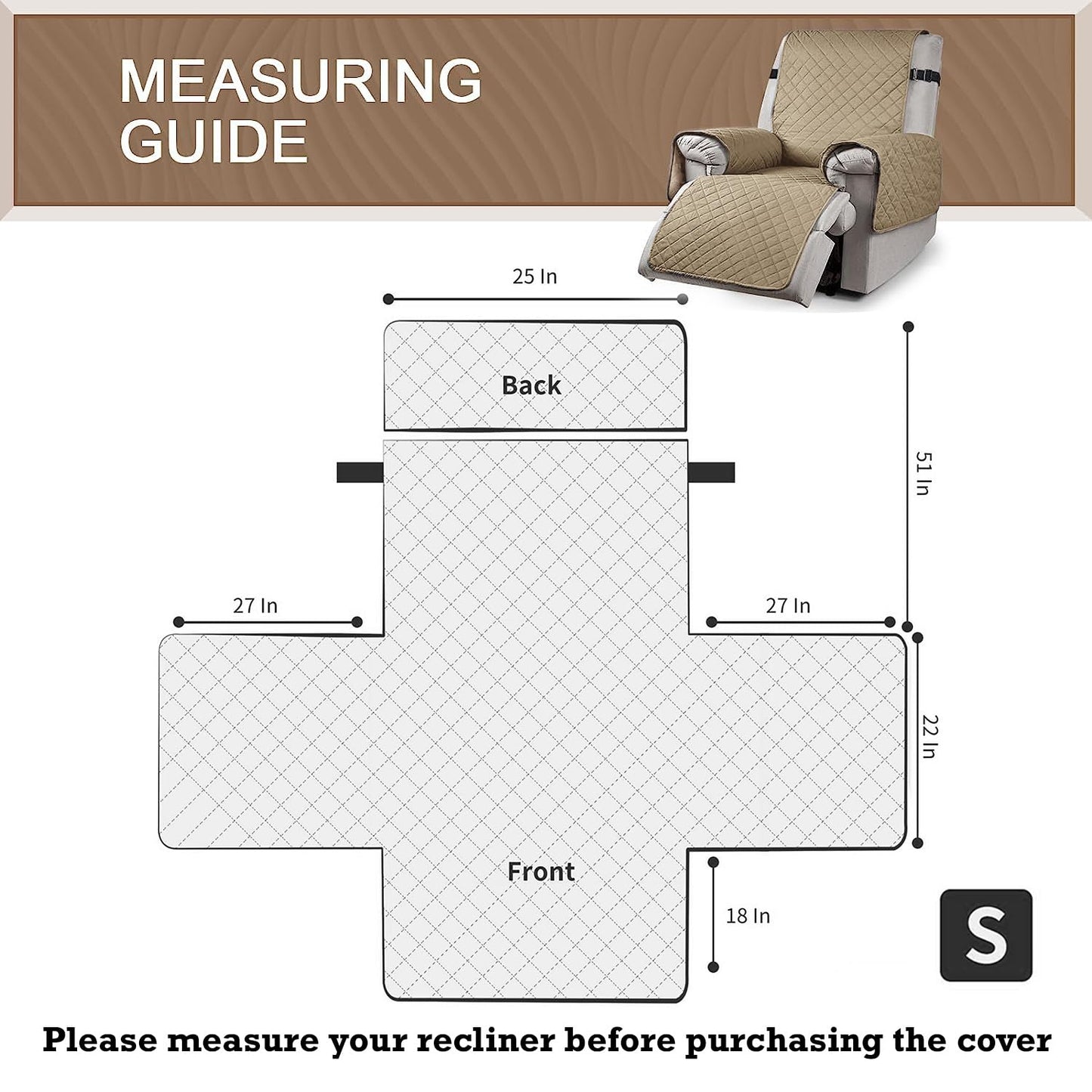 Quilted Recliner Chair Cover With Side Pockets for 1 Seater Sofa, Sand Brown