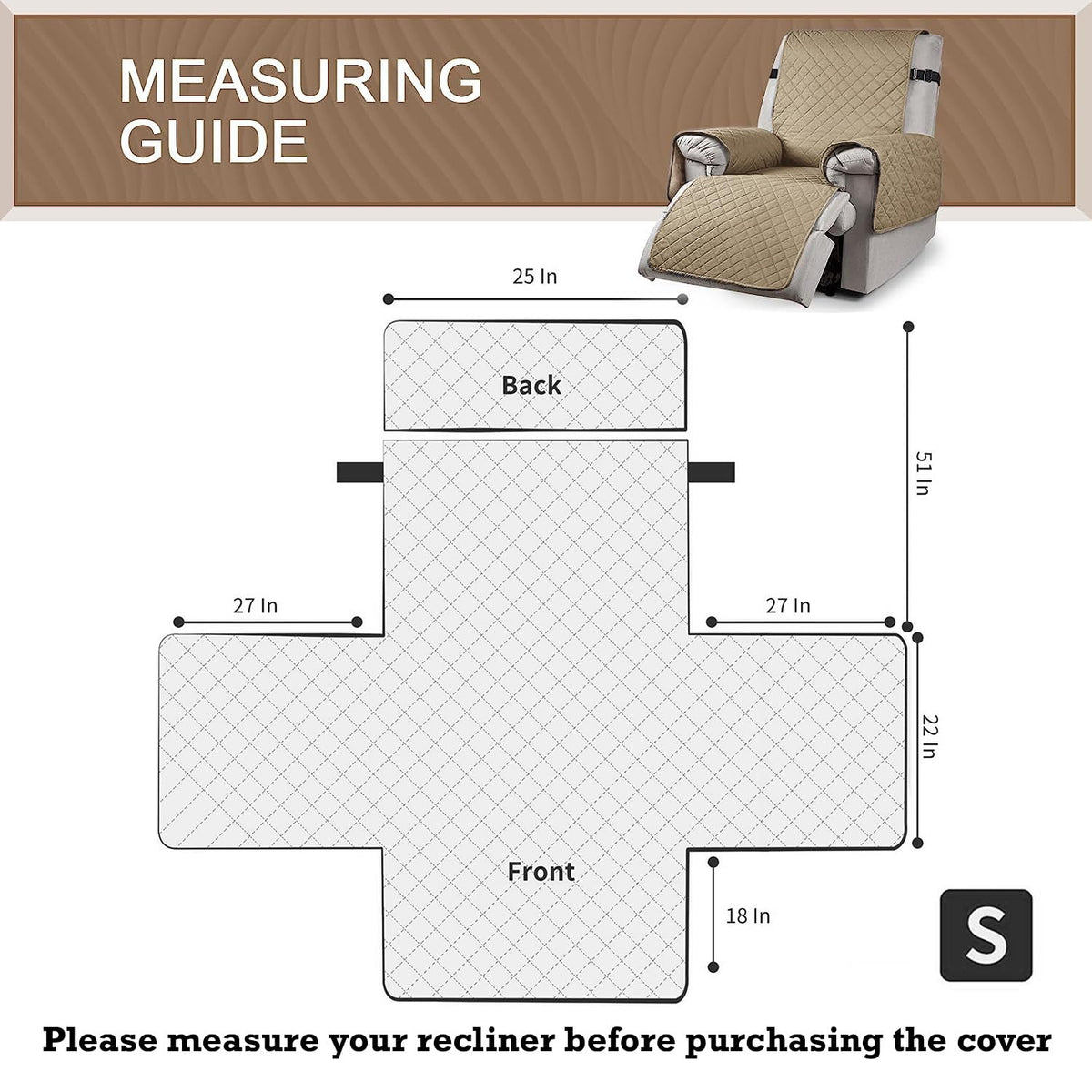 Quilted Recliner Chair Cover With Side Pockets for 1 Seater Sofa, Sand Brown