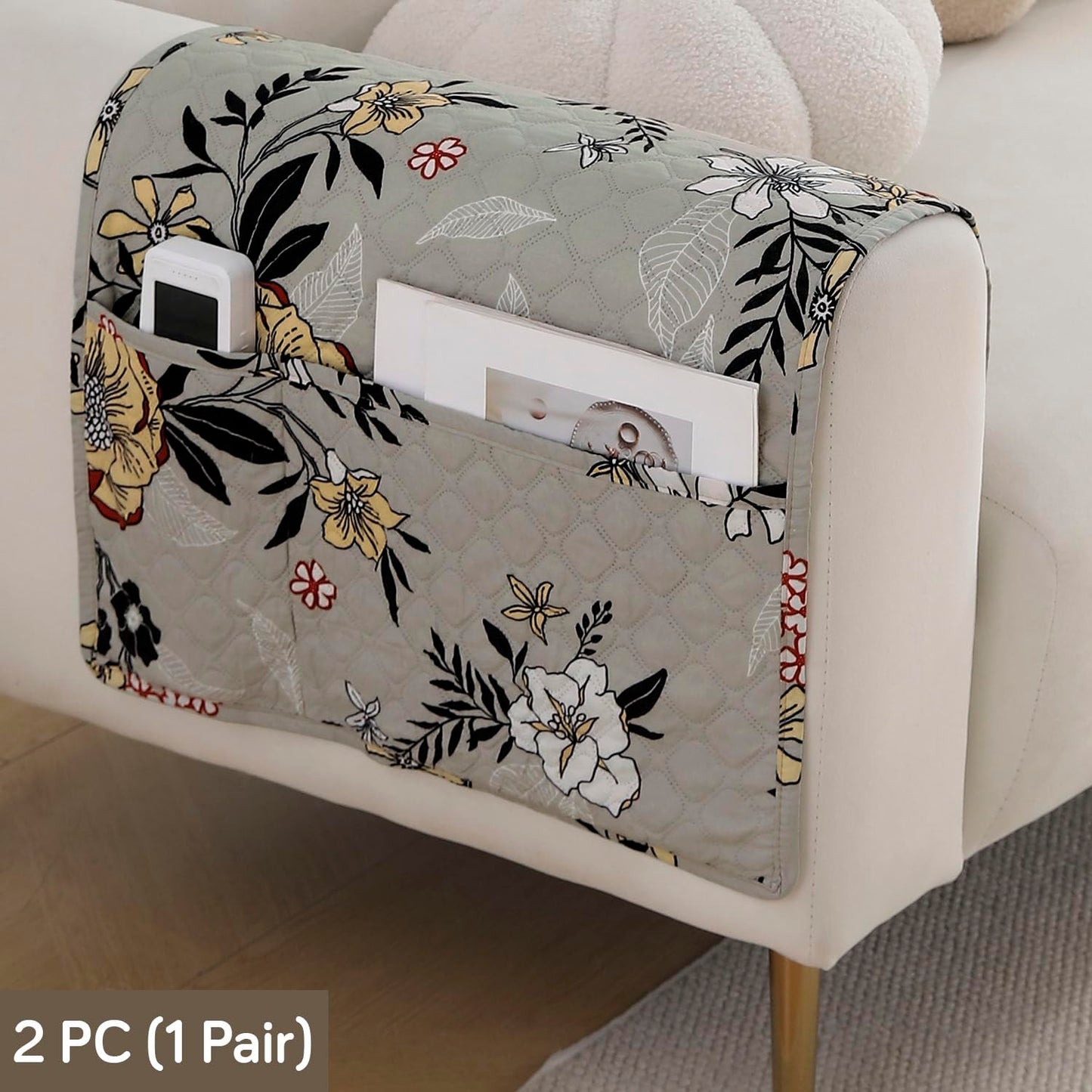 Polyester Printed Quilted Sofa Cover Mats, Floral Ash Grey