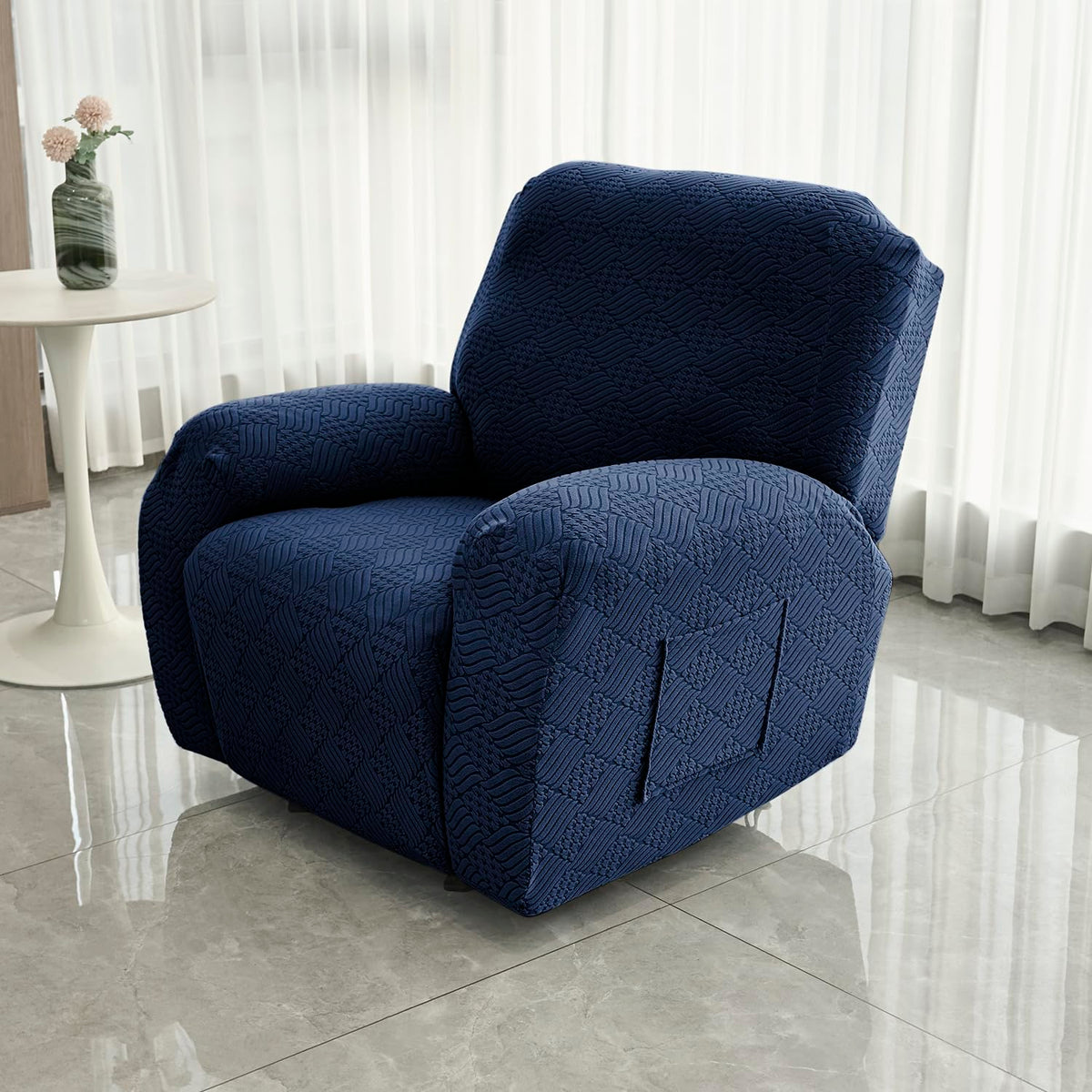 Buy HOKIPO Navy Blue colour jacquard recliner sofa cover with pocket
