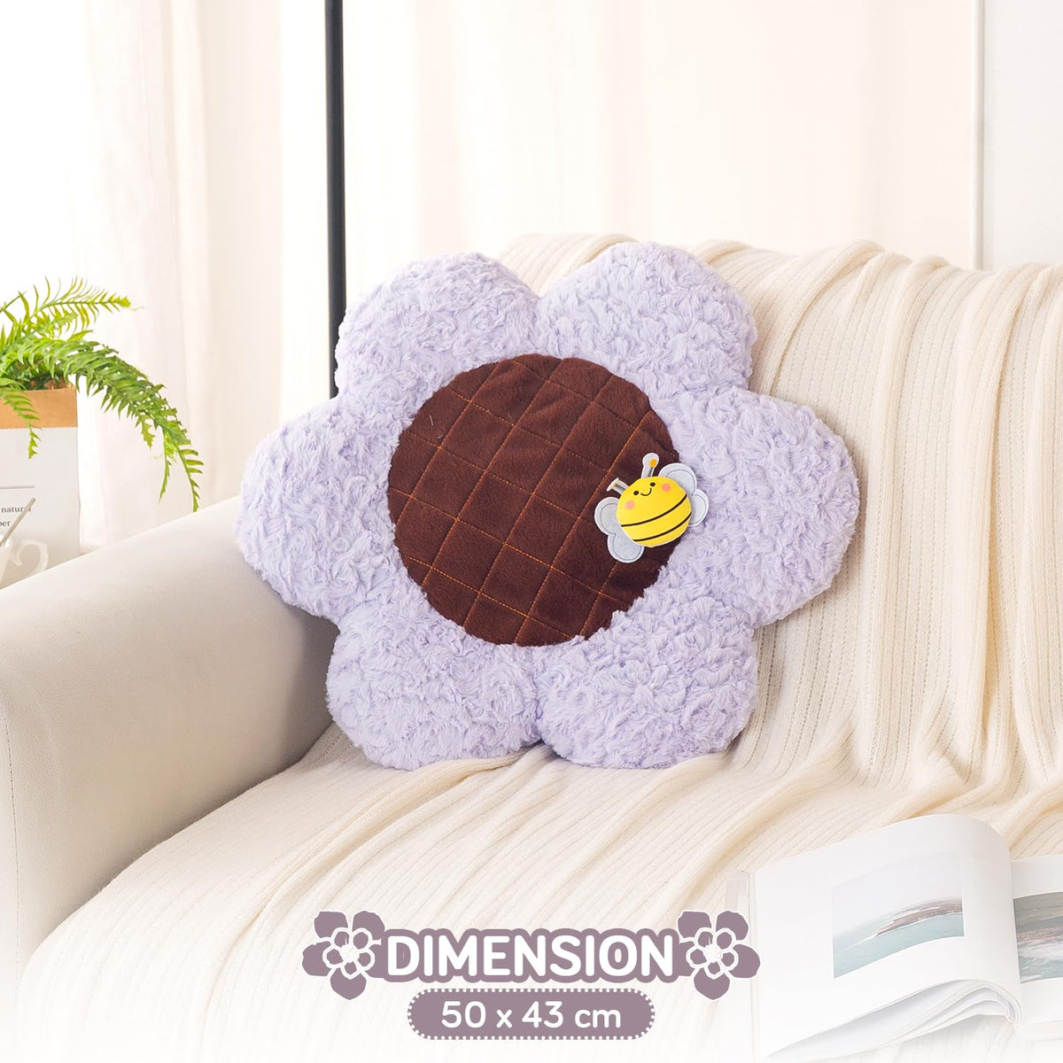 HOKIPO Sunflower Bee Cushion for Sofa & Bed, 50 cm, Purple