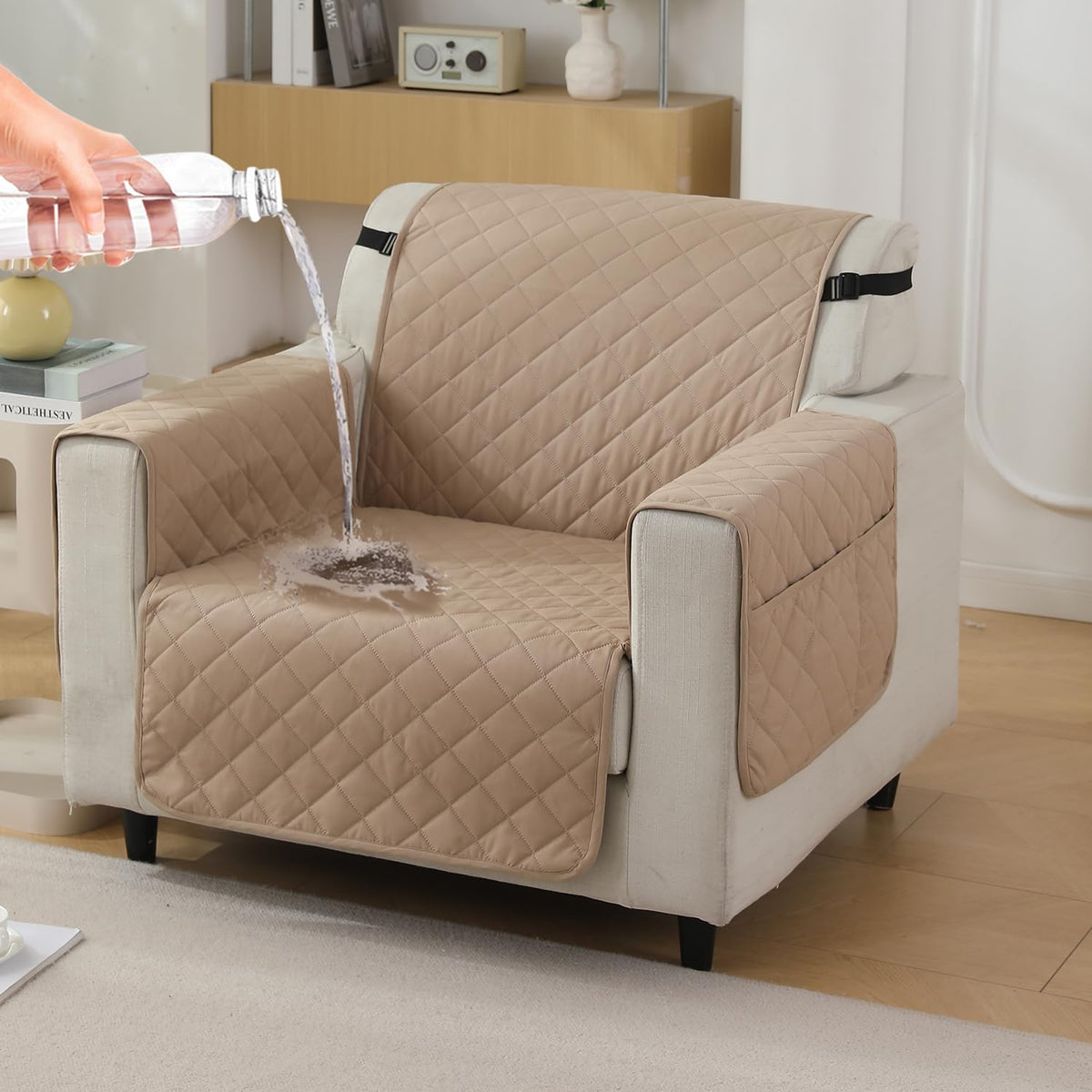 Beige colour 1 seater quilted waterproof sofa cover | Hokipo
