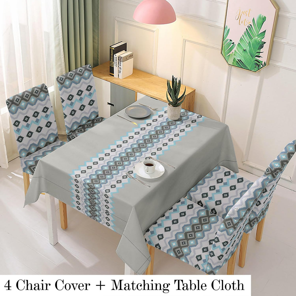 Polyester Dining Chair Covers Set of 4/6 with Matching Tablecloth, Mosaic Blissful Blue
