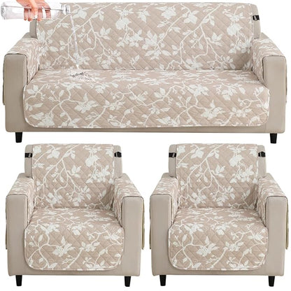 Waterproof & Quick-Dry Quilted Sofa Cover with Pockets on Armrest, Buff Brown Sillehoute Floral
