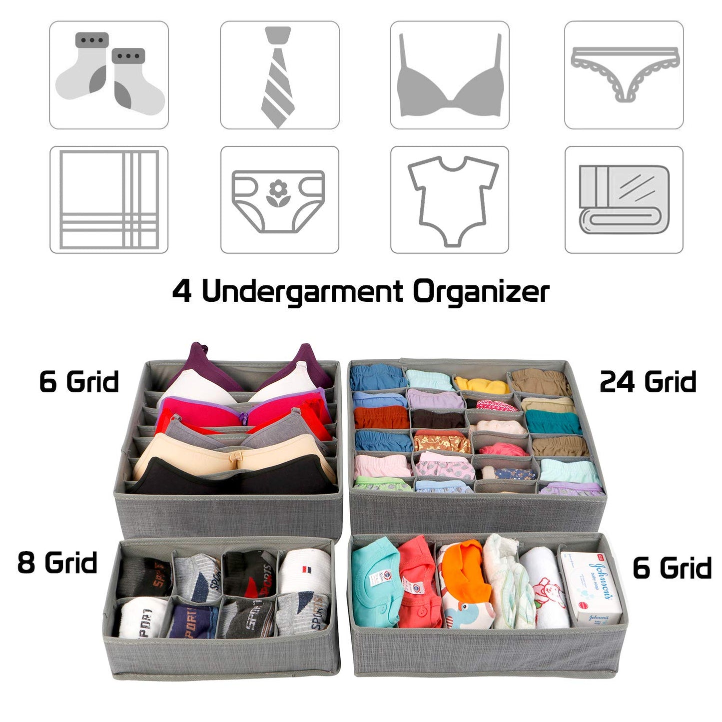 Multi Compartment Undergarments Organiser, Drawer Divider for Underwear, Lingerie, Bras, Socks, Ties, 6/7/ 8/24 Cells, 4 Piece Set, Grey