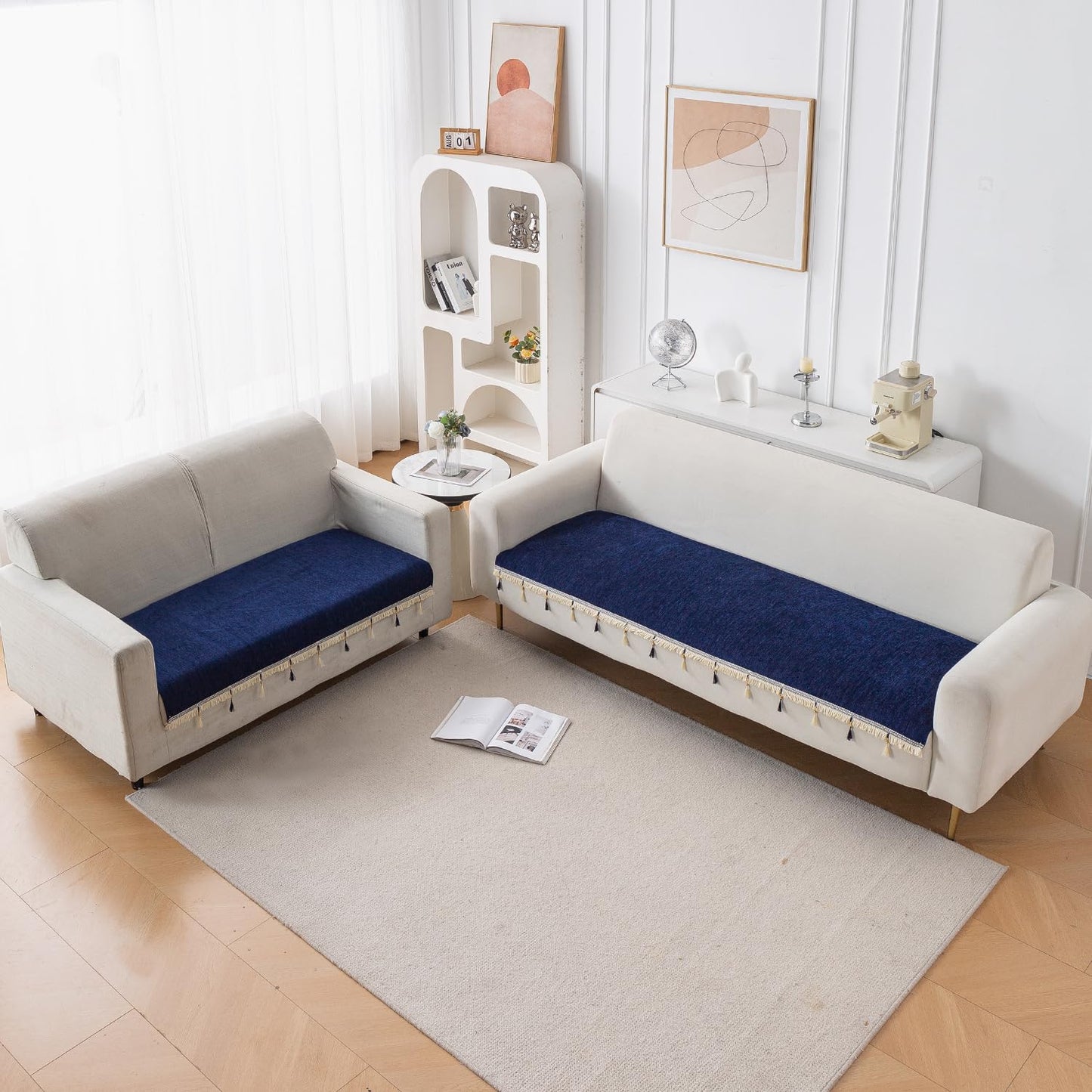Serenity Tassel Chenille Sofa Cover with Tassel – Sapphire Navy