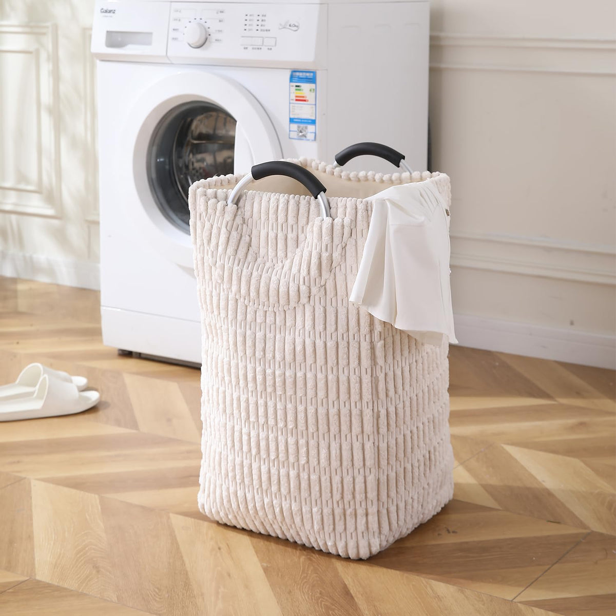 Folding Laundry Bag for Clothes Hamper Basket, Collapsible Storage Basket, Cream