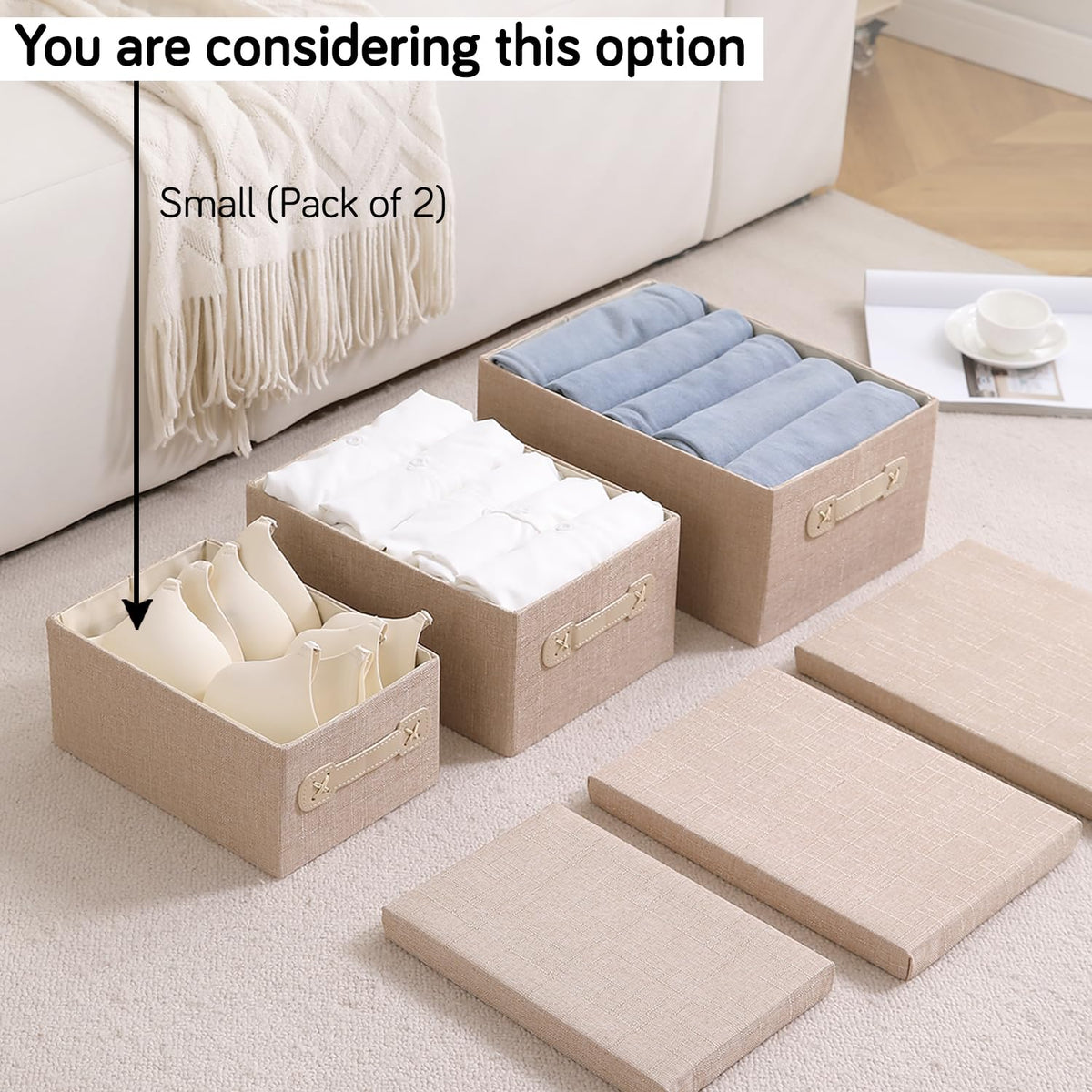 Organisers Storage Box with Lid, Beige, Pack of 2