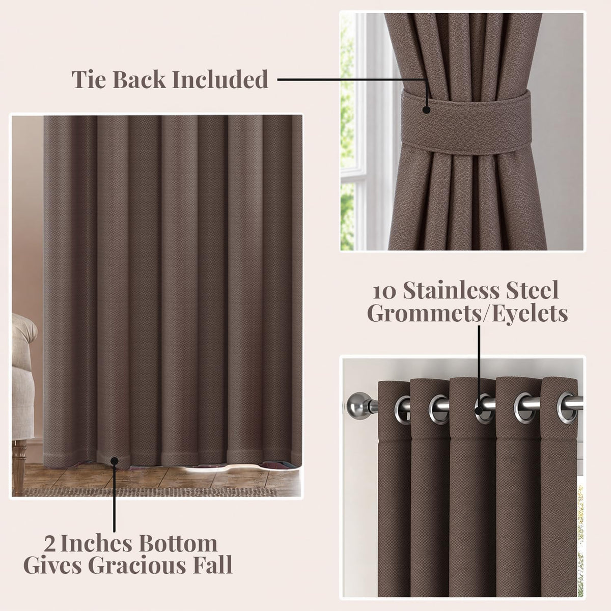 HOKIPO Horizon Dimout Eyelet Curtains, 7 Feet Long - Mocha Brown - image 4