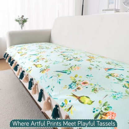 'Whispers of Nature' Series Holland Velvet Sofa Seat Mat with Tassel, Mint Birdsong Blossom