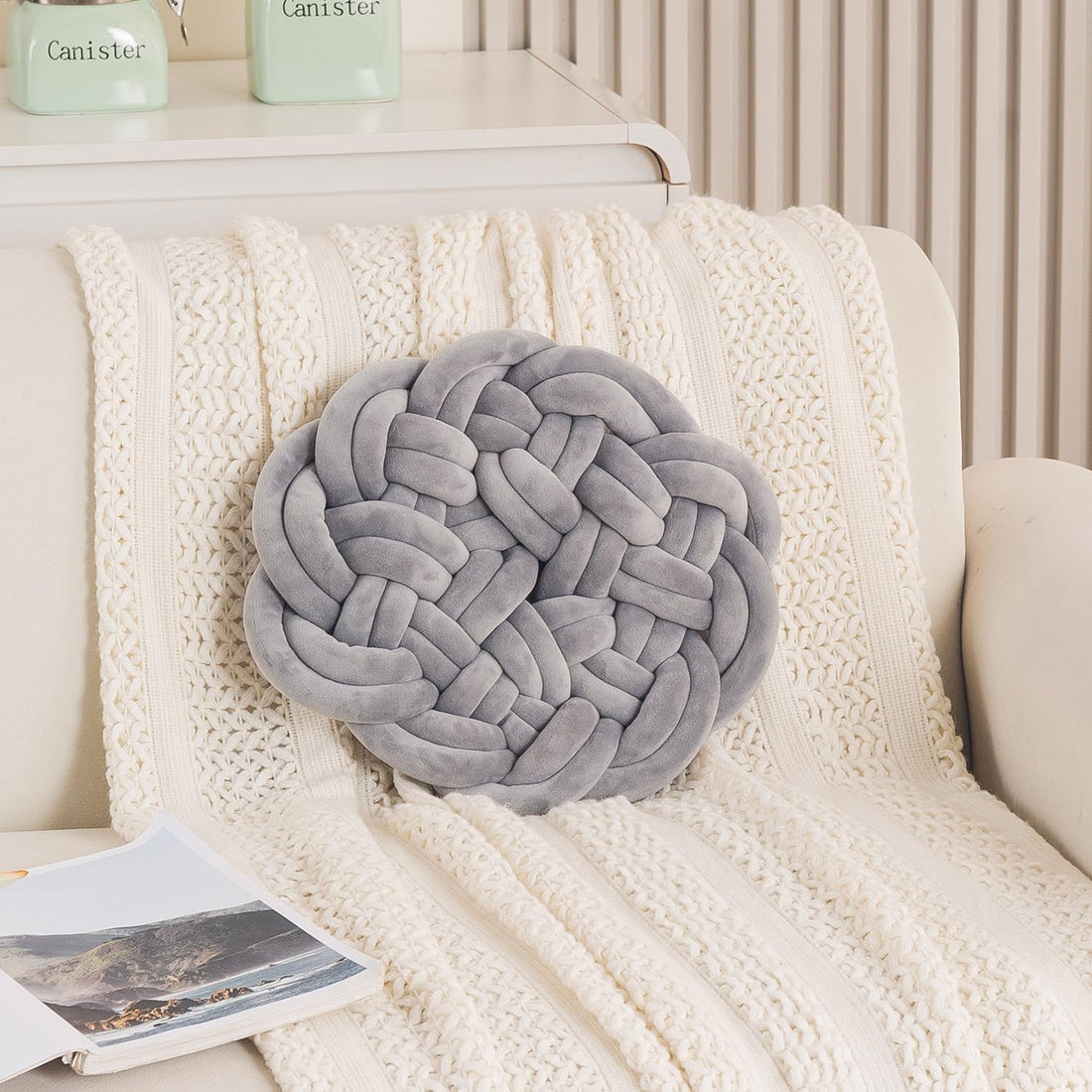 HOKIPO Round Braided Knot Cushion for Bed, Couch & Chair, 36 cm, Grey
