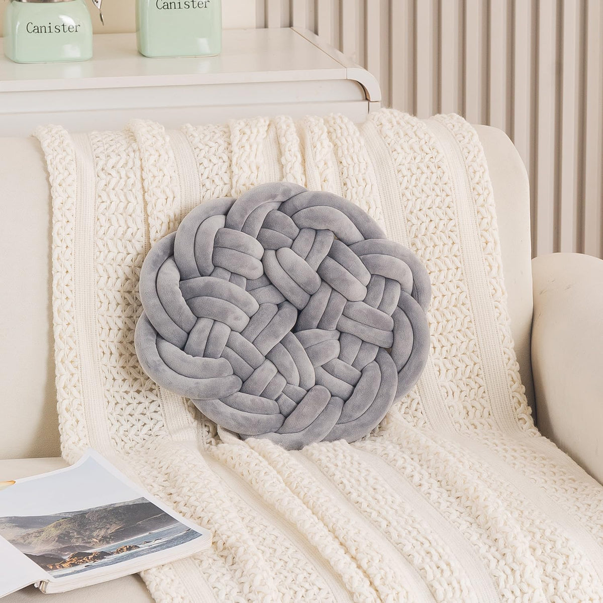 HOKIPO Round Braided Knot Cushion for Bed, Couch & Chair, 36 cm, Grey