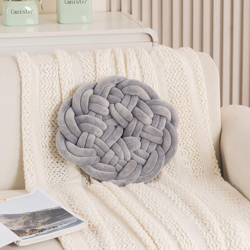 HOKIPO Round Braided Knot Cushion for Bed, Couch & Chair, 36 cm, Grey